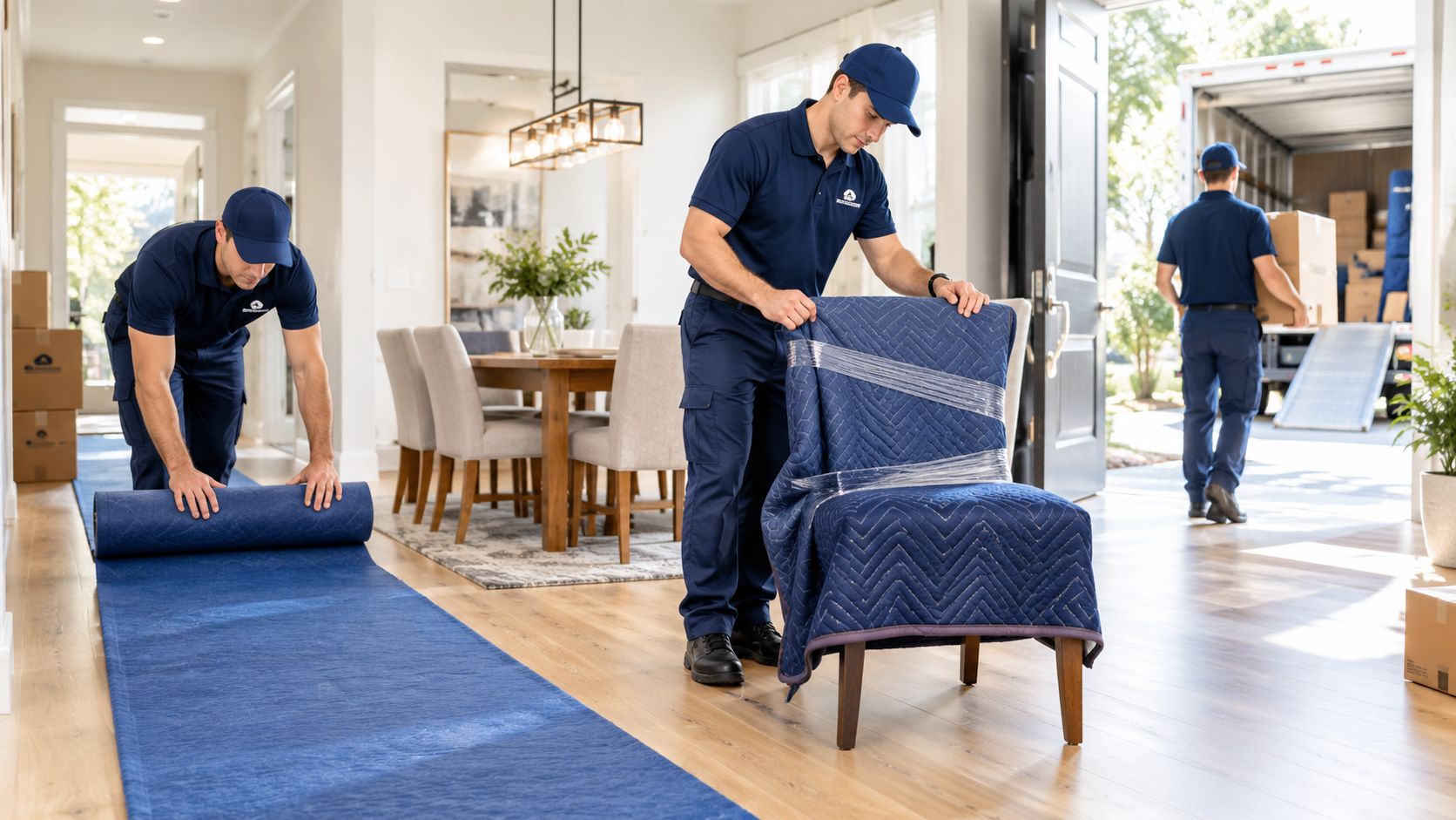 Three professional moving company staff members in blue uniforms preparing furniture and floor protection for a move.