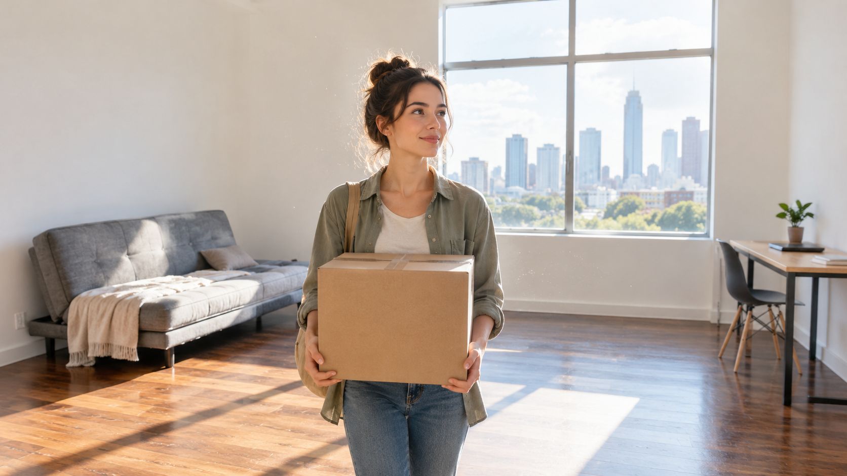 A young woman smiling while carrying a cardboard moving box into her new apartment with city views.