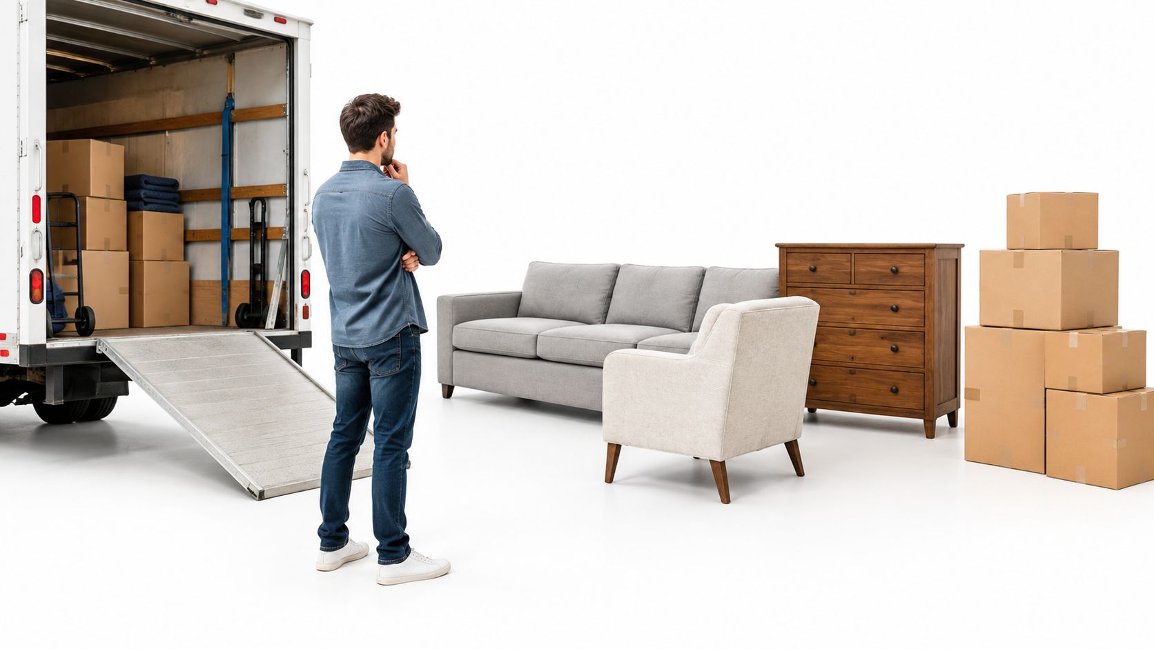 A man in a blue shirt standing and contemplating furniture near a moving truck with boxes.