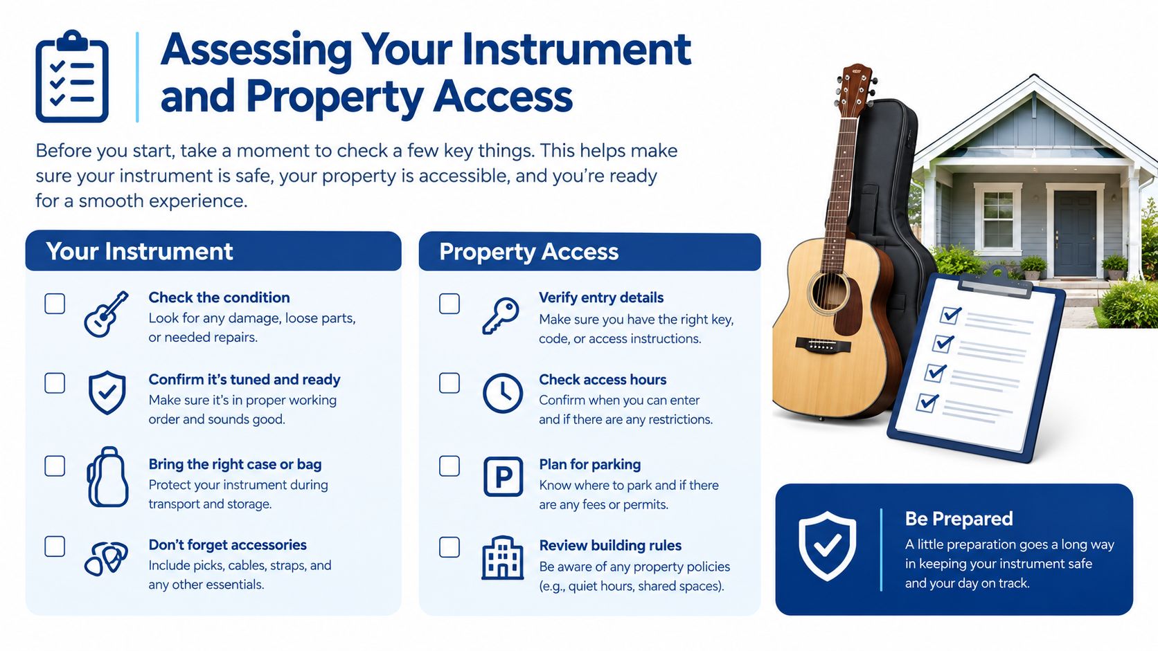 A helpful infographic guide for musicians preparing to transport their instruments and access property for appointments.