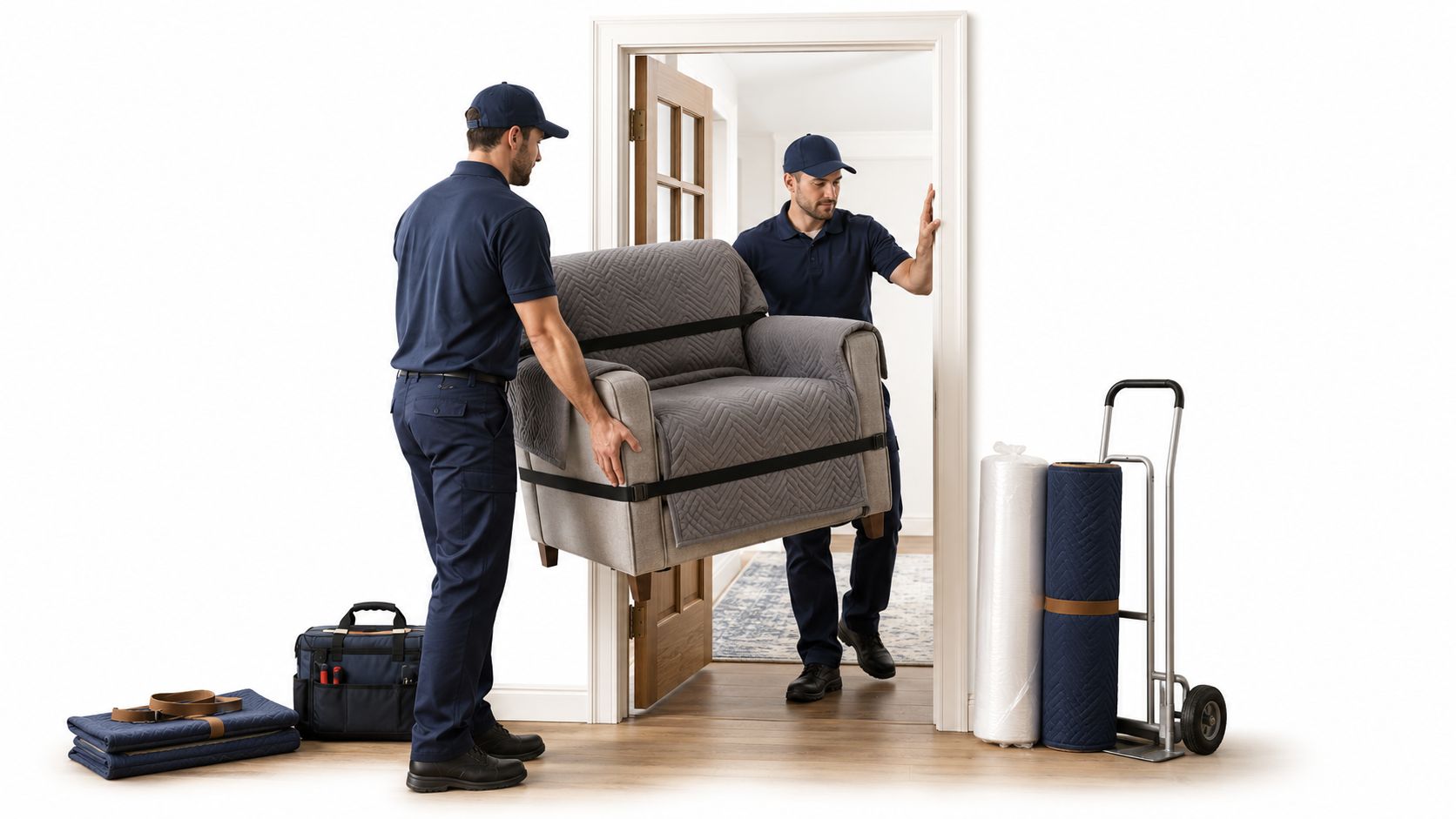 Two professional movers in uniform carefully carrying a cushioned armchair through a doorway into a room.