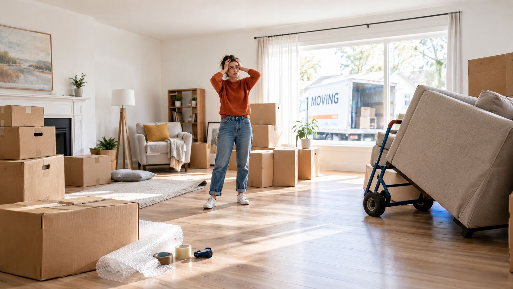 A stressed woman standing in a living room filled with cardboard boxes during a residential move.