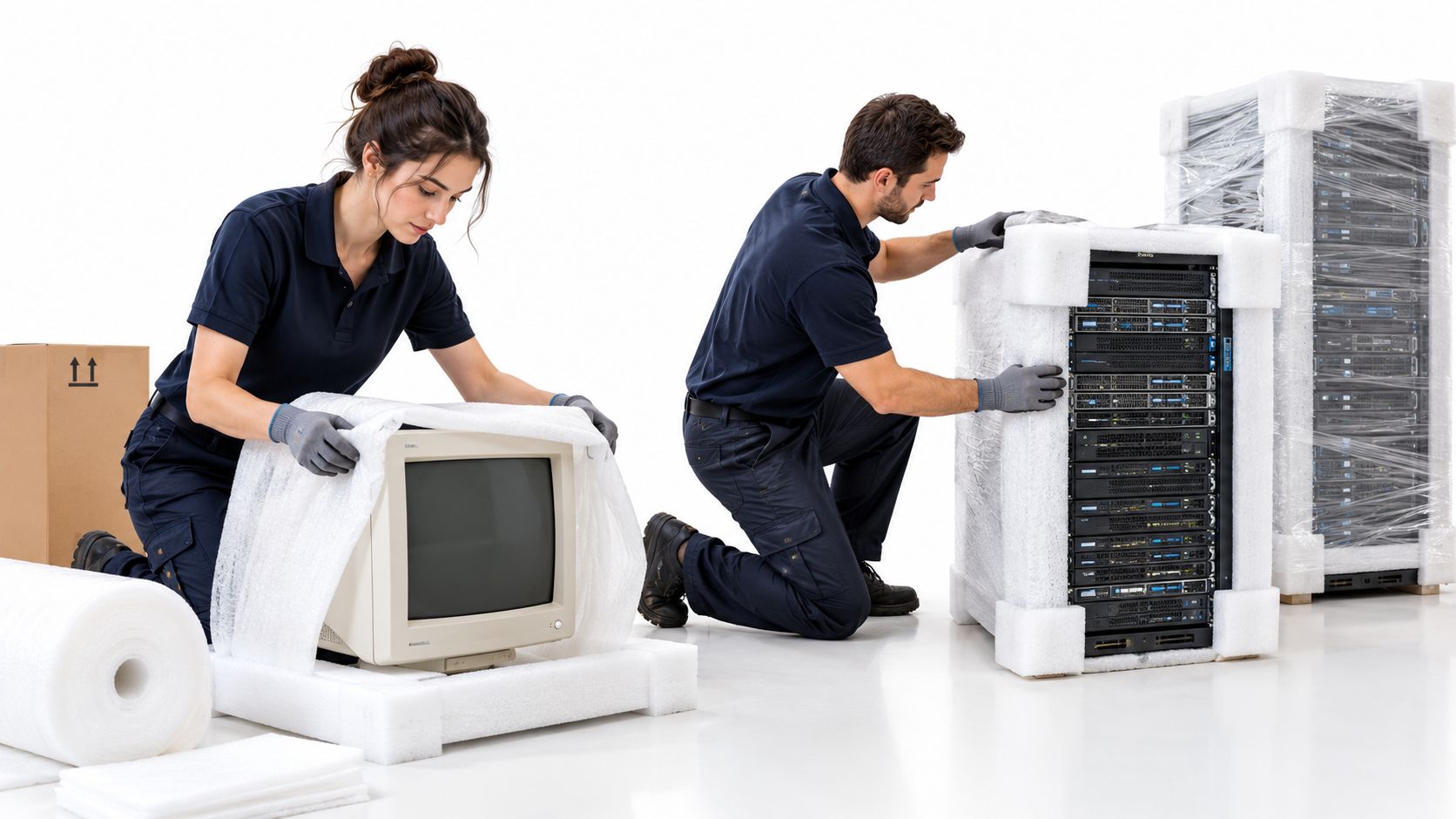 Two professional movers in uniform preparing and wrapping computer equipment and server racks for transport.