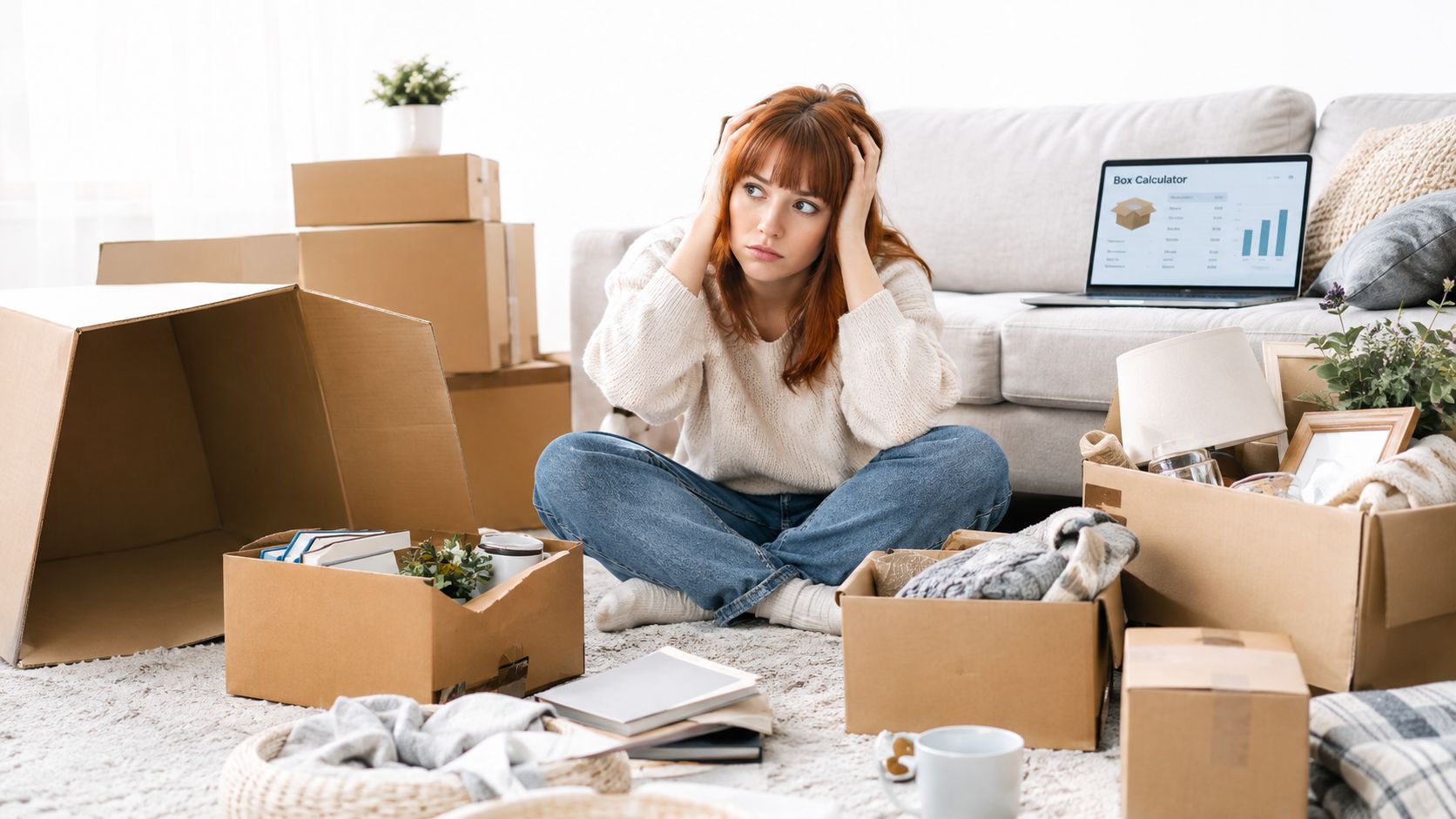 A stressed woman sitting on the floor surrounded by cardboard boxes, looking overwhelmed while packing for moving.