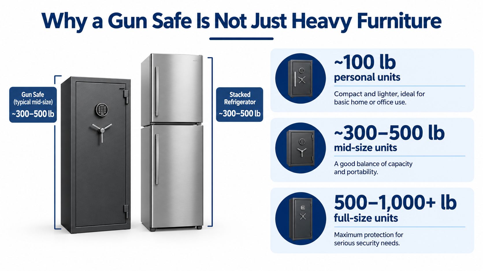 An infographic comparing the weight of various gun safes to a stacked refrigerator for moving purposes.