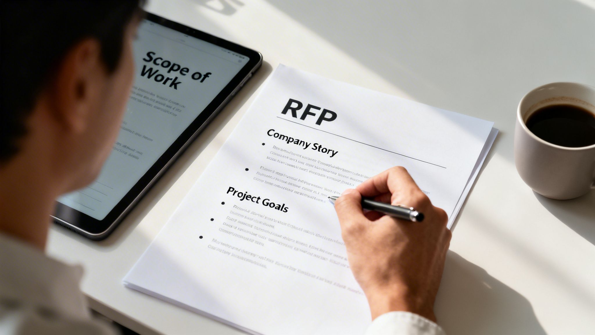 A person works on an RFP document, with a tablet displaying 'Scope of Work' and coffee nearby.