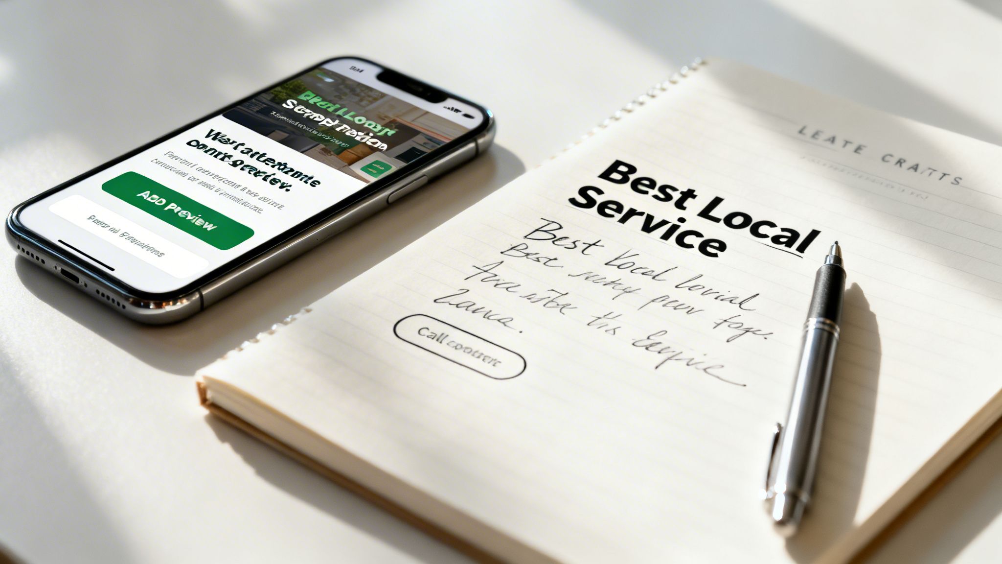 A smartphone displaying a website next to a notebook with 'Best Local Service' handwritten on it.