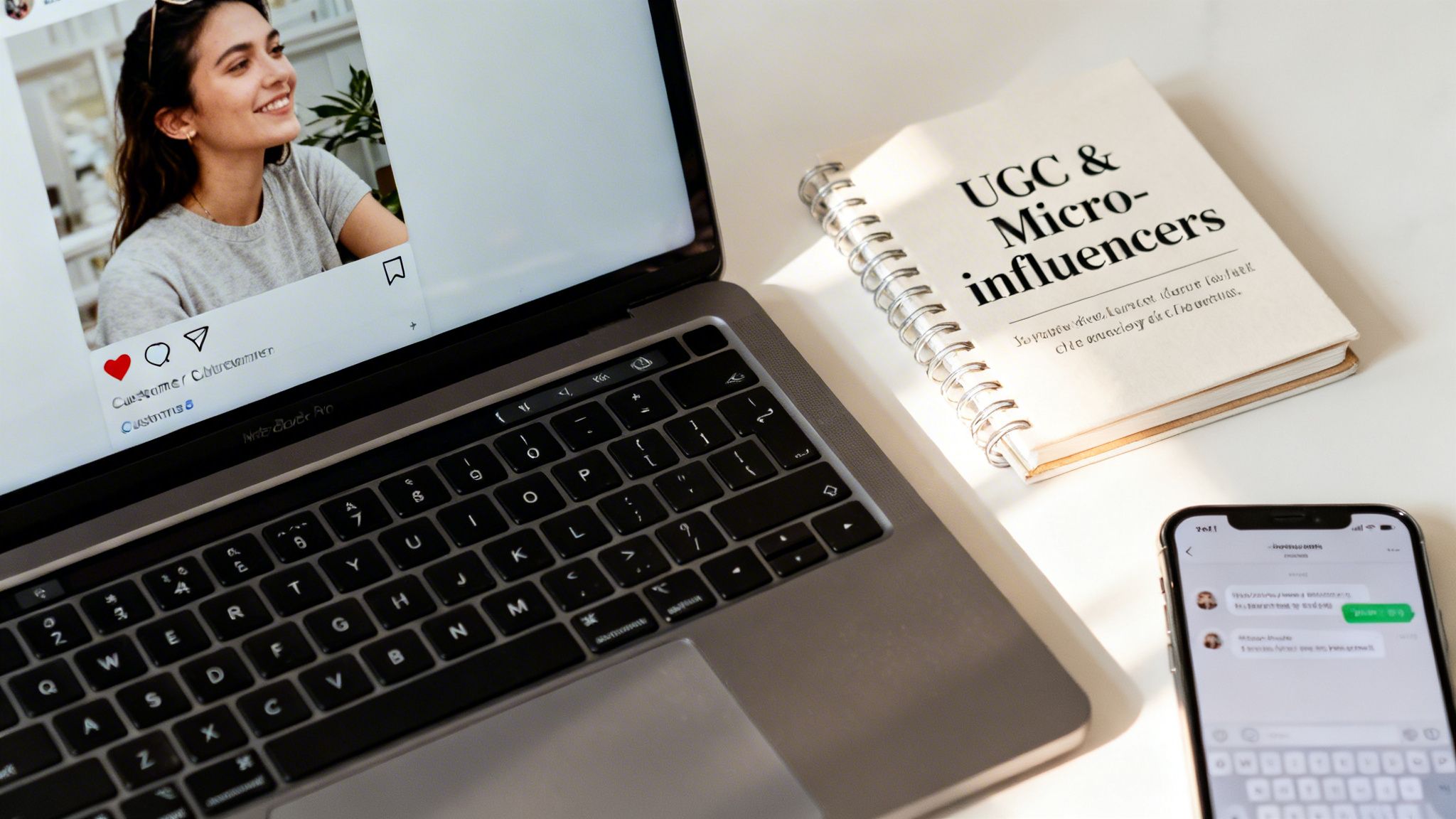 A flat lay of a workspace with a laptop showing a social media post, a notebook on UGC, and a smartphone.