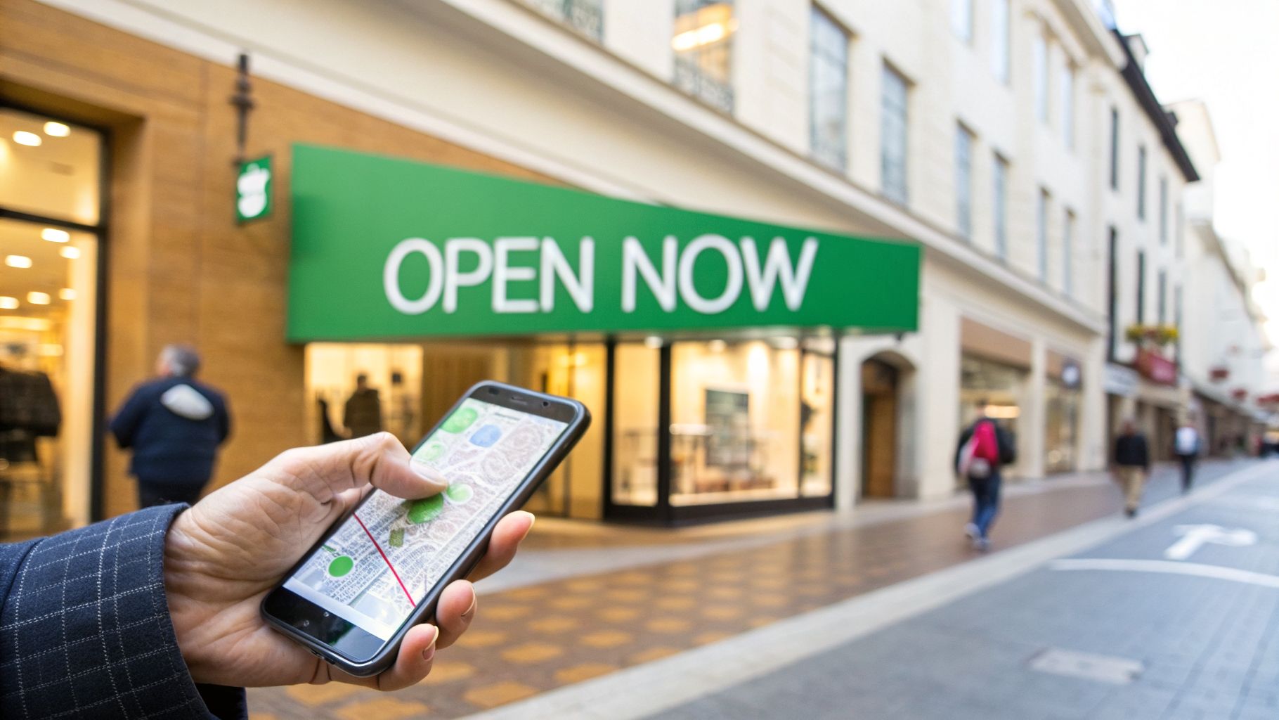 A person holding a smartphone with a map app, in front of of a store with an 'OPEN NOW' sign.