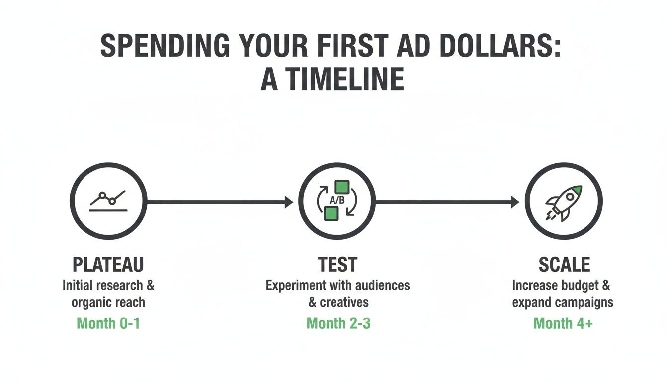 A timeline graphic depicting three stages of ad spending: Plateau, Test, and Scale, with timeframes.
