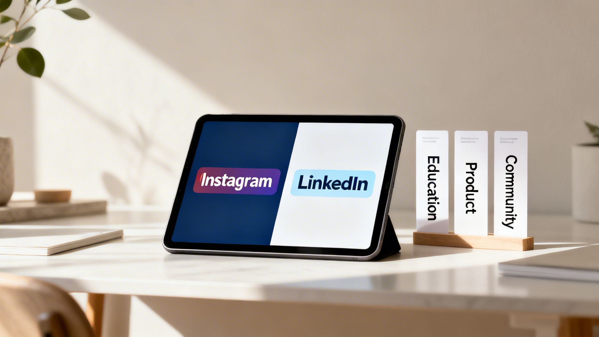 Social Media Marketing for Startups: A tablet displays Instagram and LinkedIn logos on a desk with cards for Education, Product, and Community.