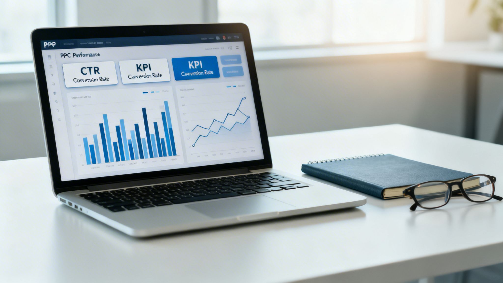 A laptop displaying a PPC performance dashboard with charts, a notebook, and glasses on a white desk.