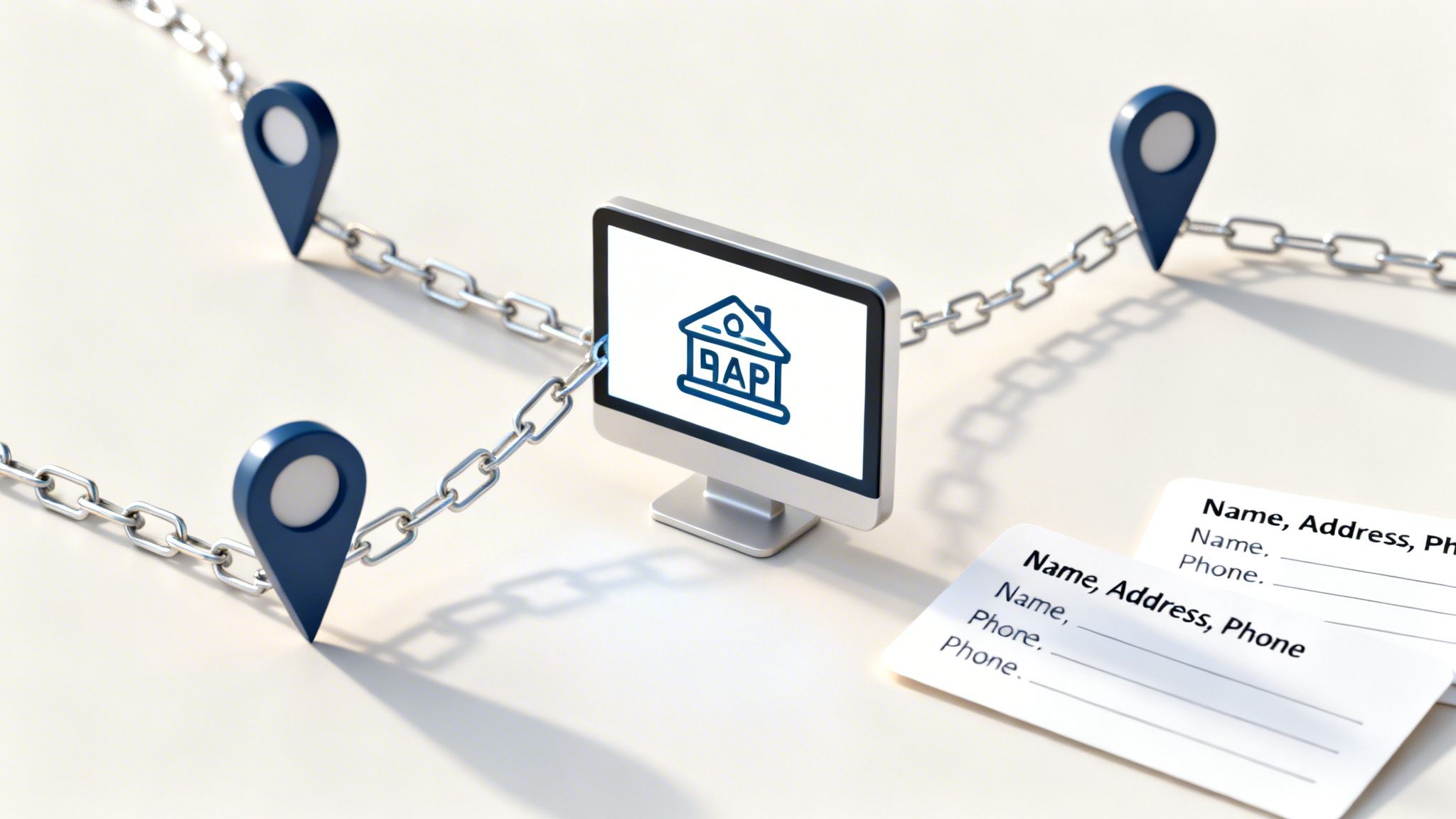 A silver chain links blue location pins to a computer screen showing a house icon and name/address cards.