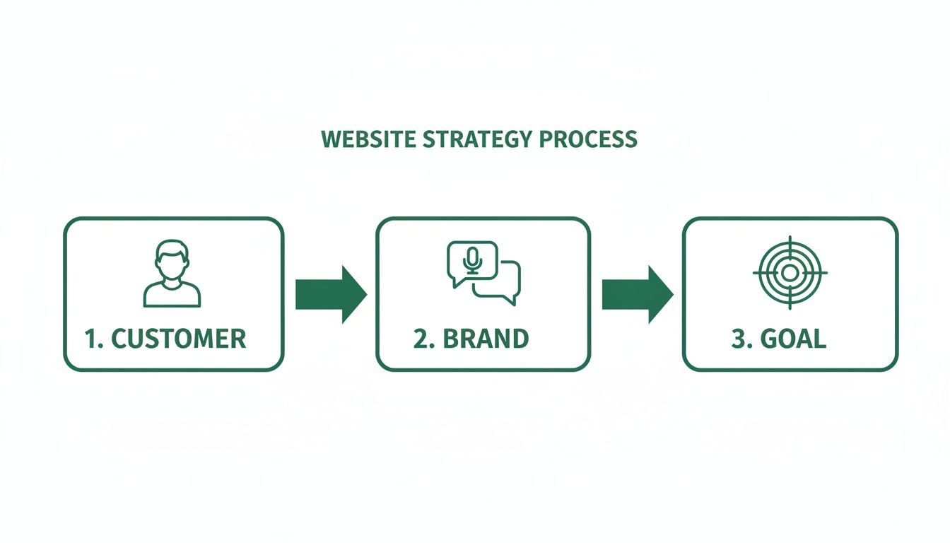 Website Design for Startups Infographic illustrating a website strategy process with three key steps: customer, brand, and goal.