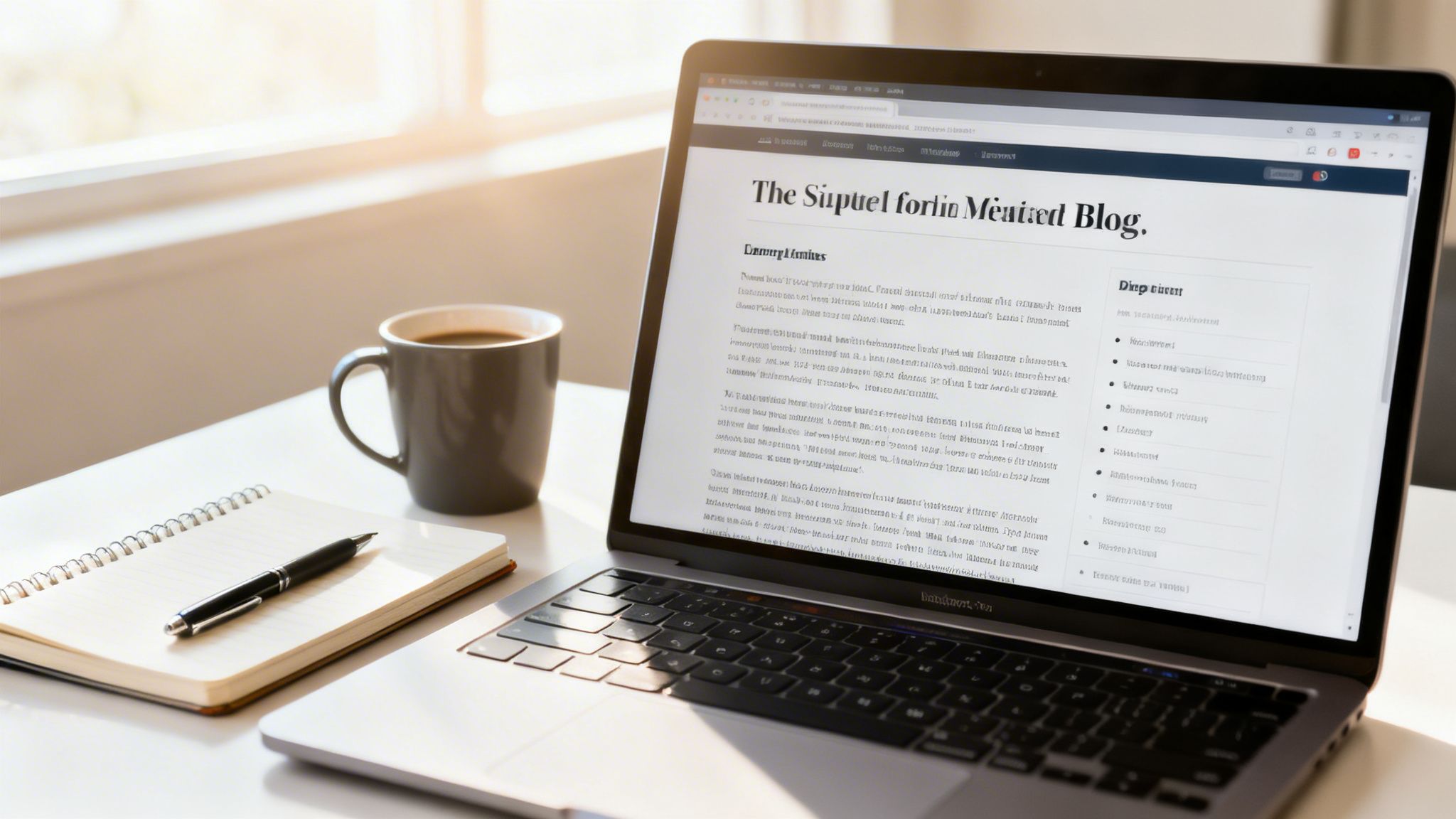 A laptop displaying a blog post, a coffee mug, a notebook, and a pen on a sunlit desk.