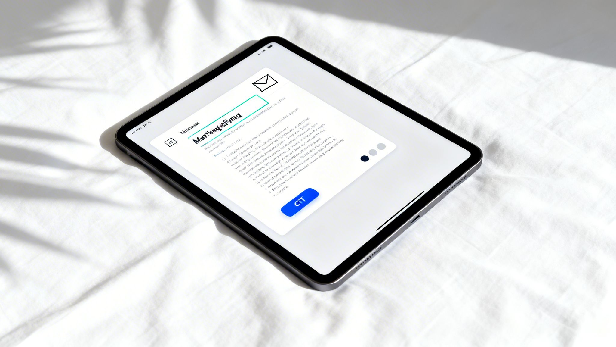 A tablet displaying an email interface with a subject line and a blue button, resting on a white bedsheet.