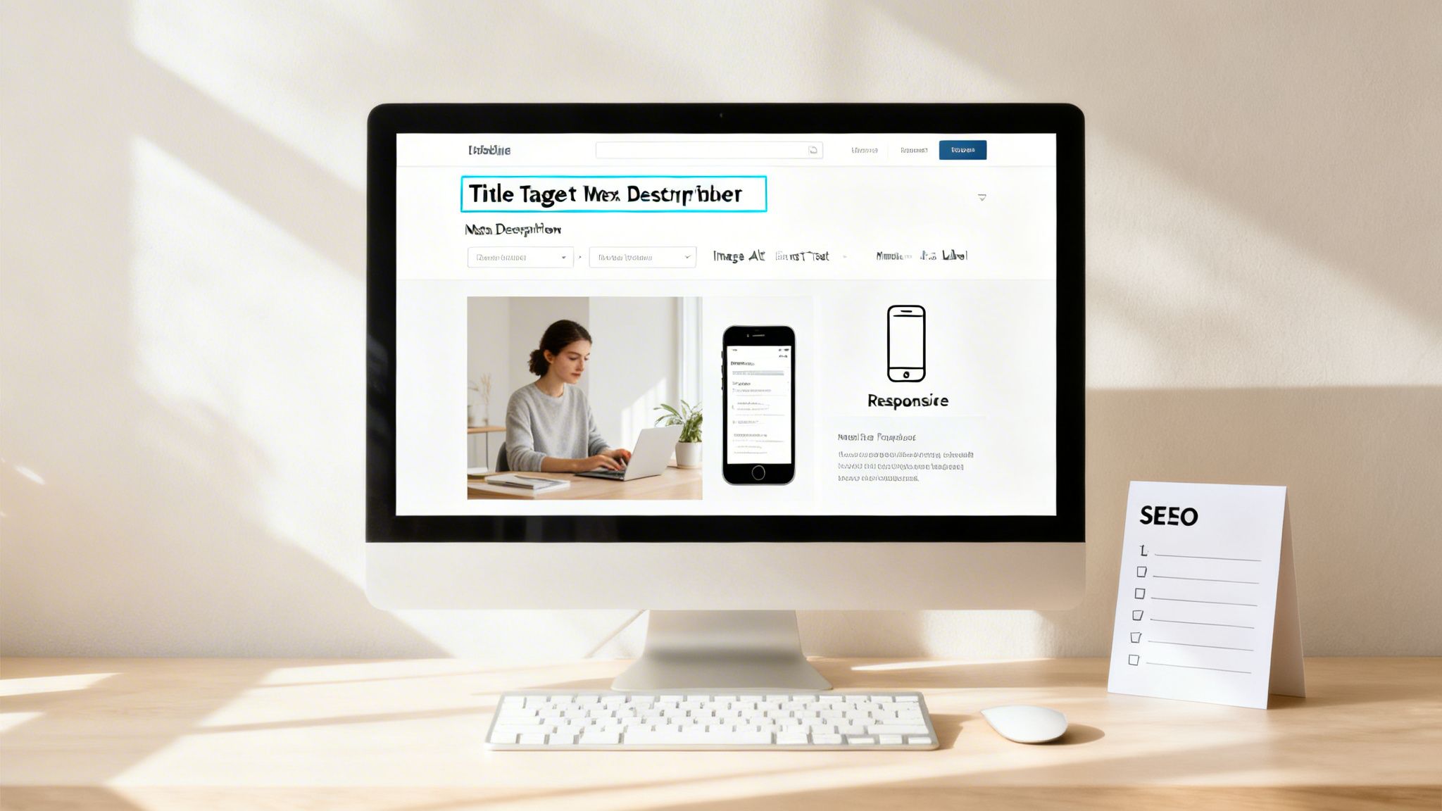 A computer monitor displays an SEO tool interface with responsive design examples and a woman working on a laptop.