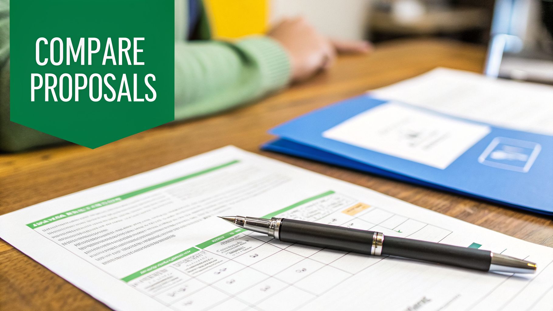 A pen on financial documents with a prominent green banner displaying 'COMPARE PROPOSALS'.