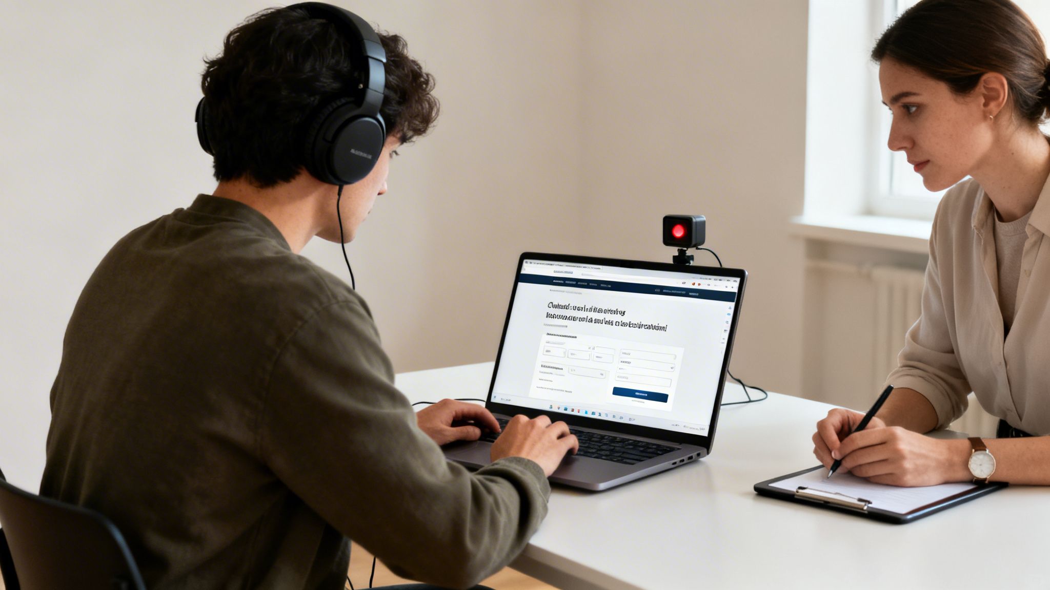 A user wearing headphones tests a website on a laptop while a researcher observes.