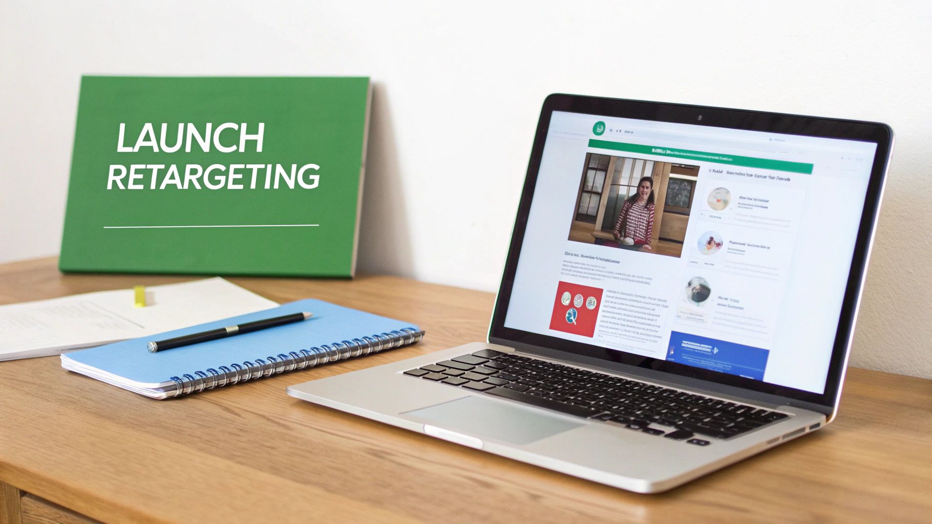 A desk with a laptop displaying a webpage, notebook, pen, and a green 'LAUNCH RETARGETING' sign.