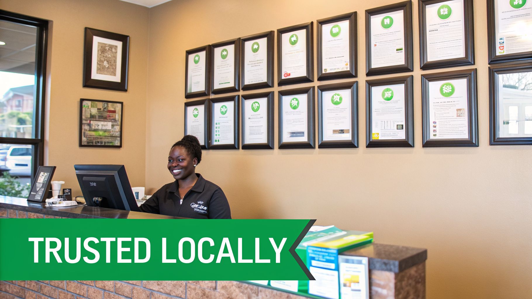 Friendly Black receptionist smiling at a front desk with many framed local awards on the wall.
