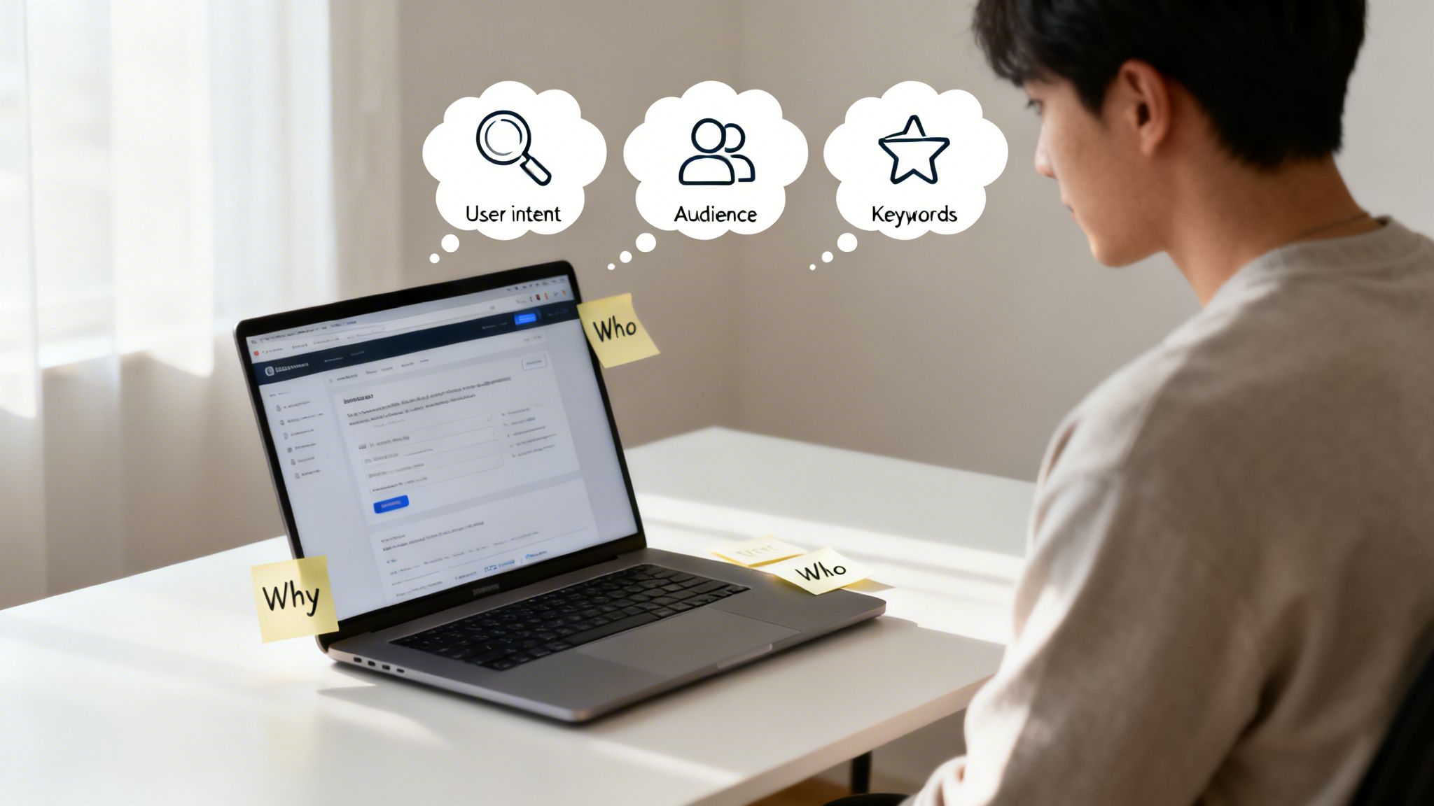 A person analyzing SEO strategies on a laptop with sticky notes and thought bubbles for user intent, audience, and keywords.
