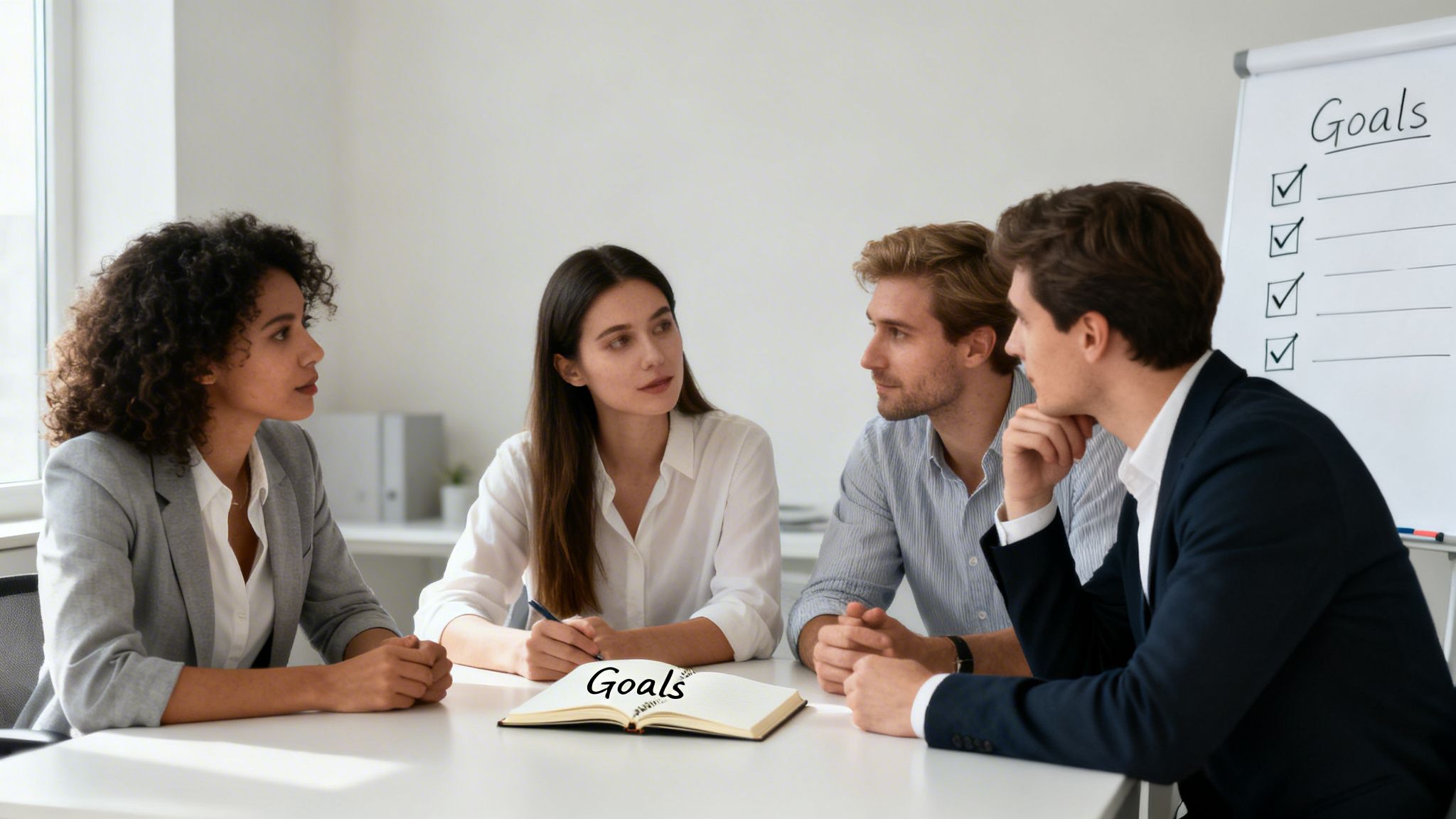 Four diverse business professionals collaborating on goals during a meeting in an office.