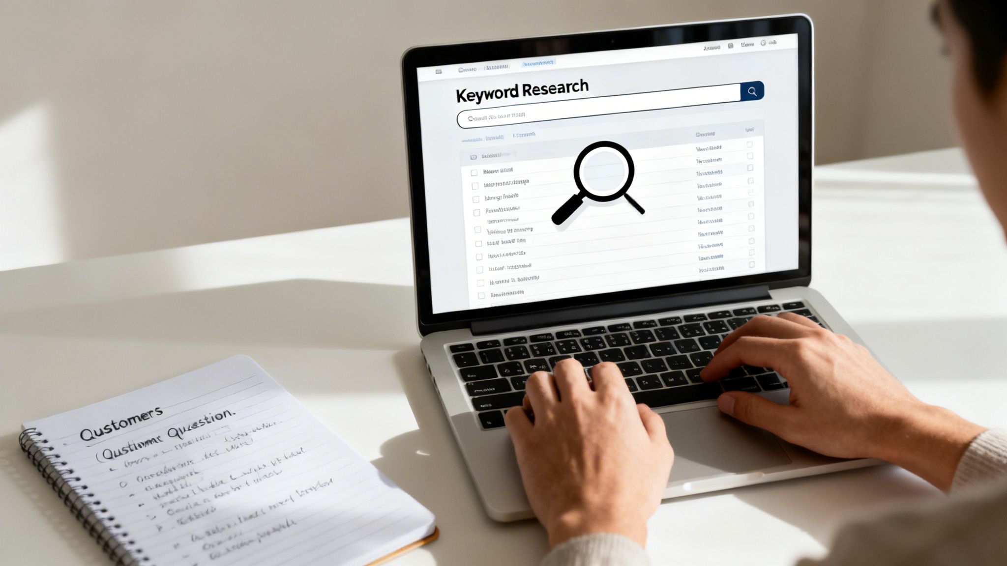 A person performs keyword research on a laptop, with a notebook about customer questions nearby.