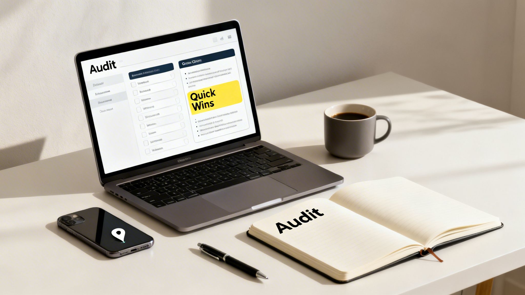 How to Grow My Business Online: A desk setup with a laptop displaying an audit screen, a notebook, coffee, and a smartphone.