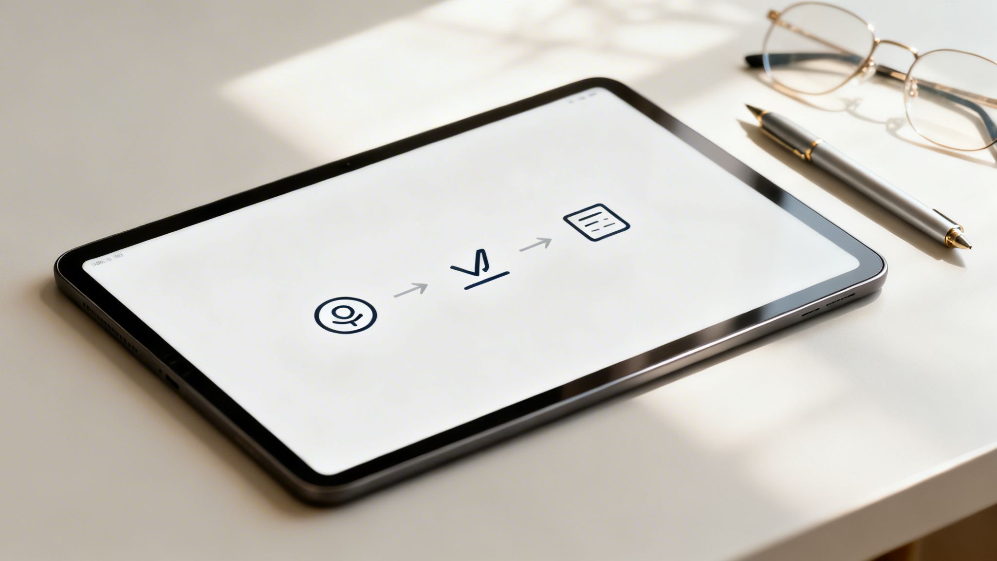 A tablet on a light desk displays a digital workflow with icons, alongside glasses and a pen.