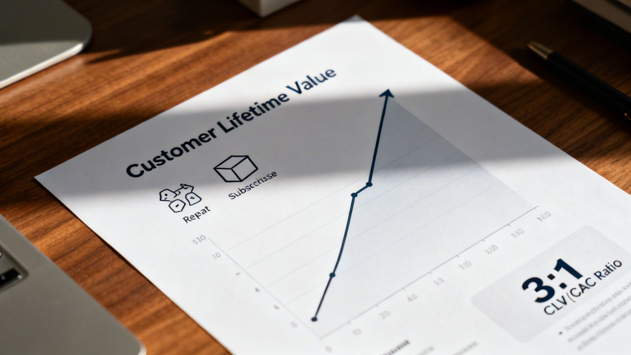 A printed document on a desk, showing a Customer Lifetime Value graph and key metrics.
