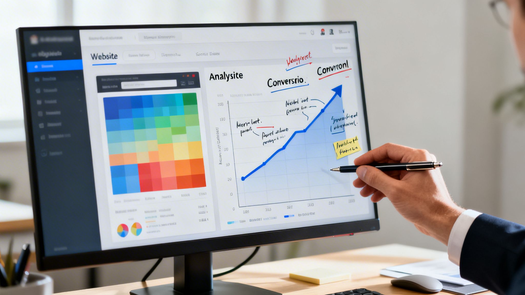 Hand pointing at a computer screen displaying a rising conversion graph and website analytics.