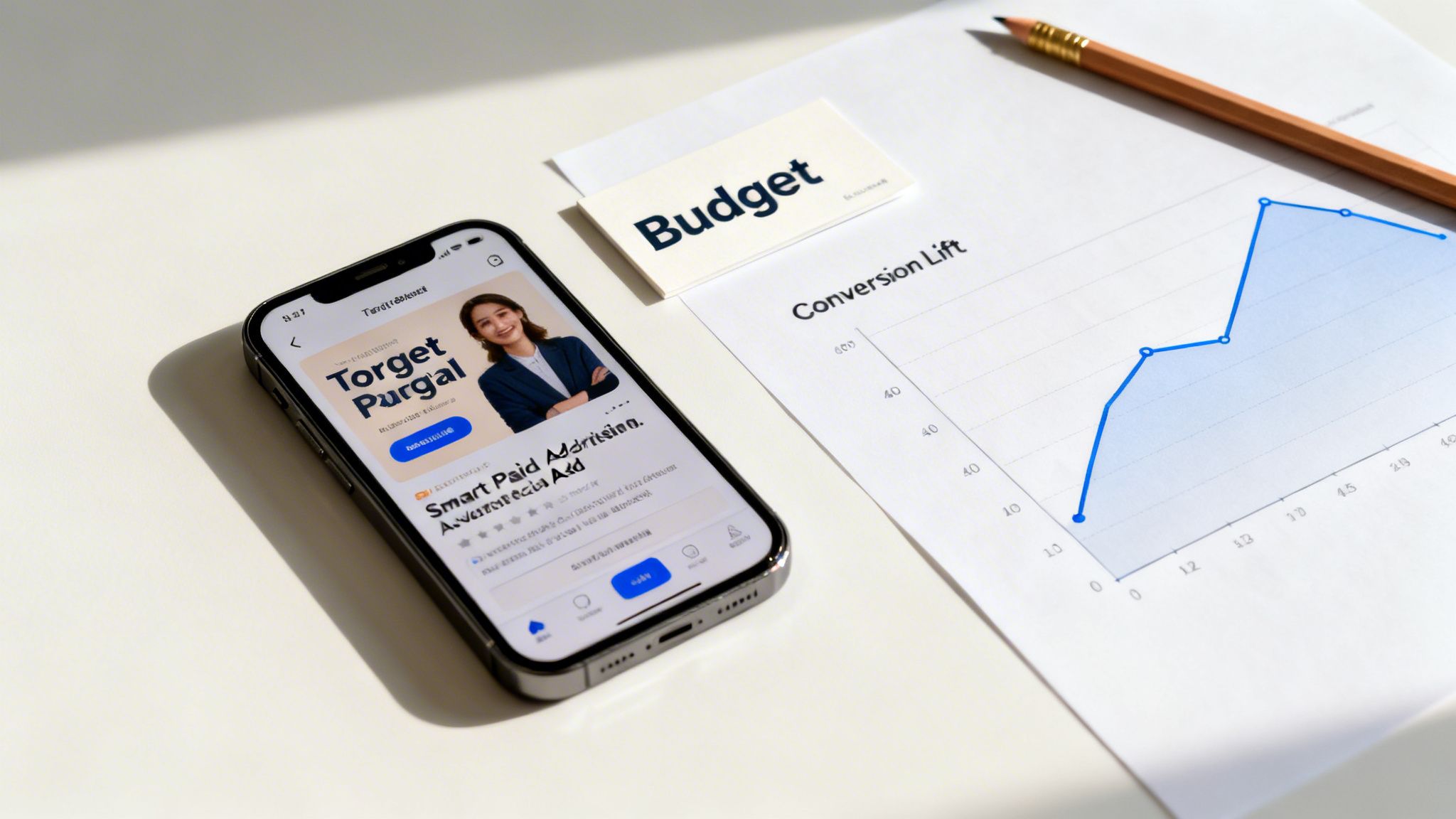 A smartphone displaying a paid advertising app next to a budget card and a conversion lift graph.