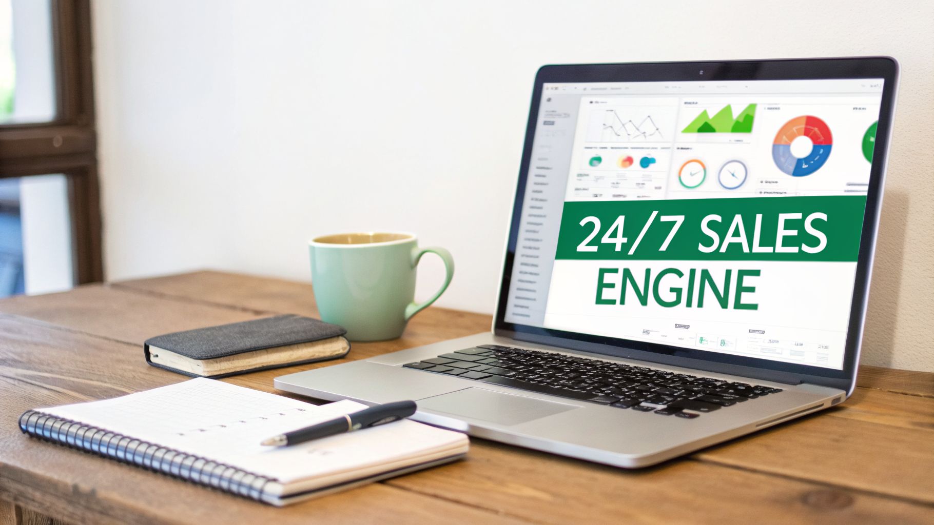 A laptop on a wooden desk displays '24/7 SALES ENGINE' with charts, beside a coffee mug and notebook.