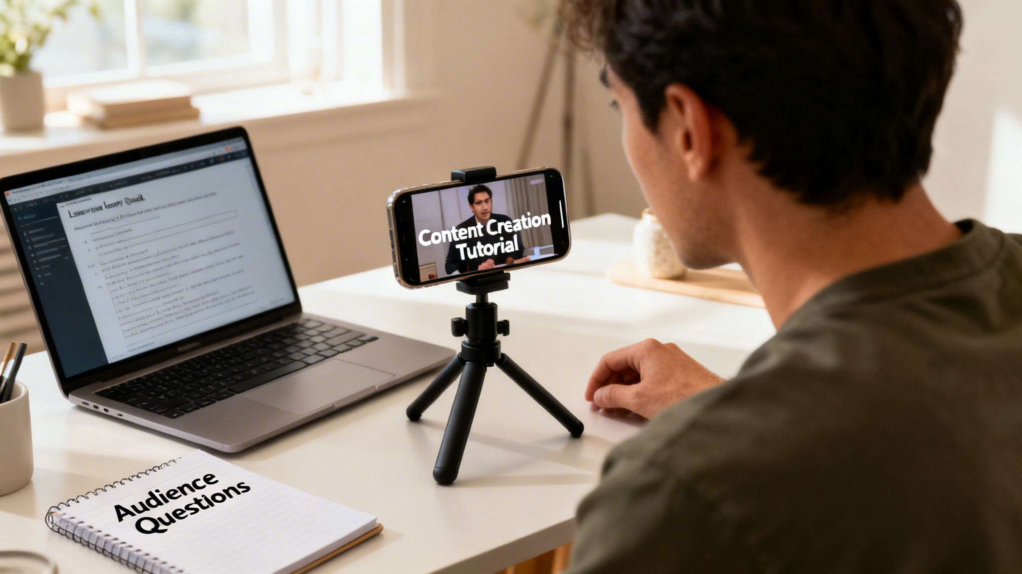 Improve Online Visibility and Dominate Your Market - A man watches a 'Content Creation Tutorial' on a smartphone, with a laptop and 'Audience Questions' notebook nearby.