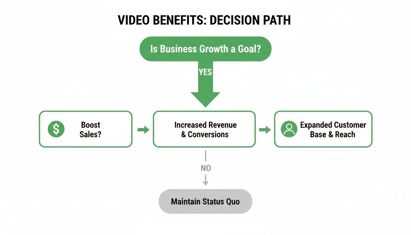 A decision path flowchart illustrating video benefits, starting with business growth, leading to increased revenue and expanded customer base.