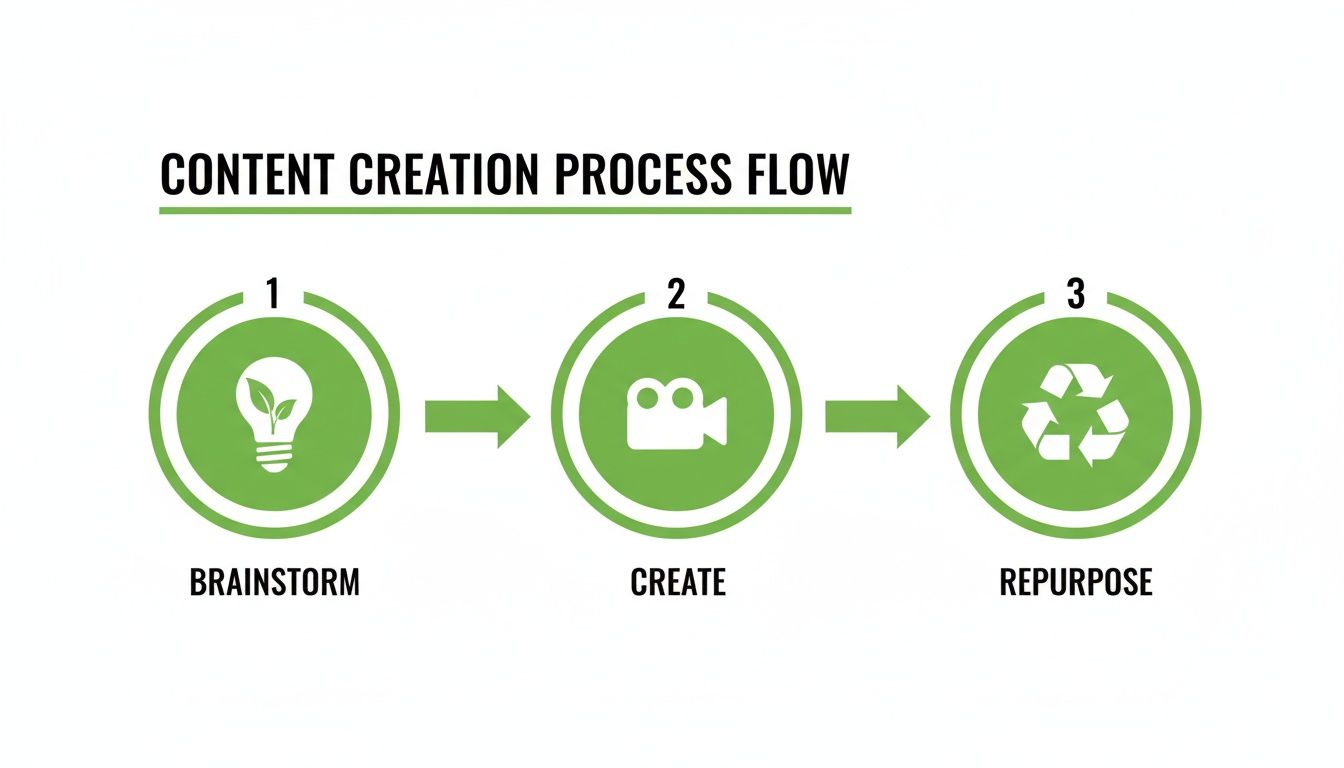 How to Grow My Business Online: A content creation process flow with three steps: brainstorm, create, and repurpose.