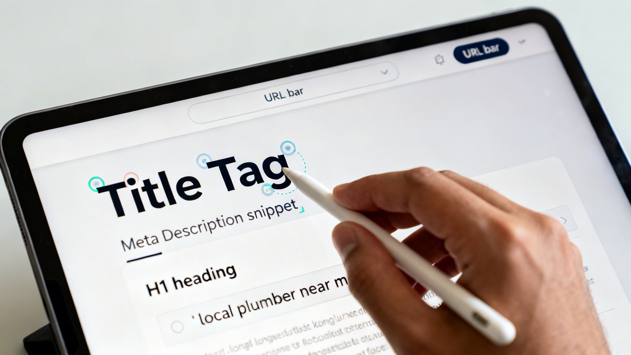 A hand uses a stylus on a tablet screen, editing SEO elements like Title Tag and Meta Description.