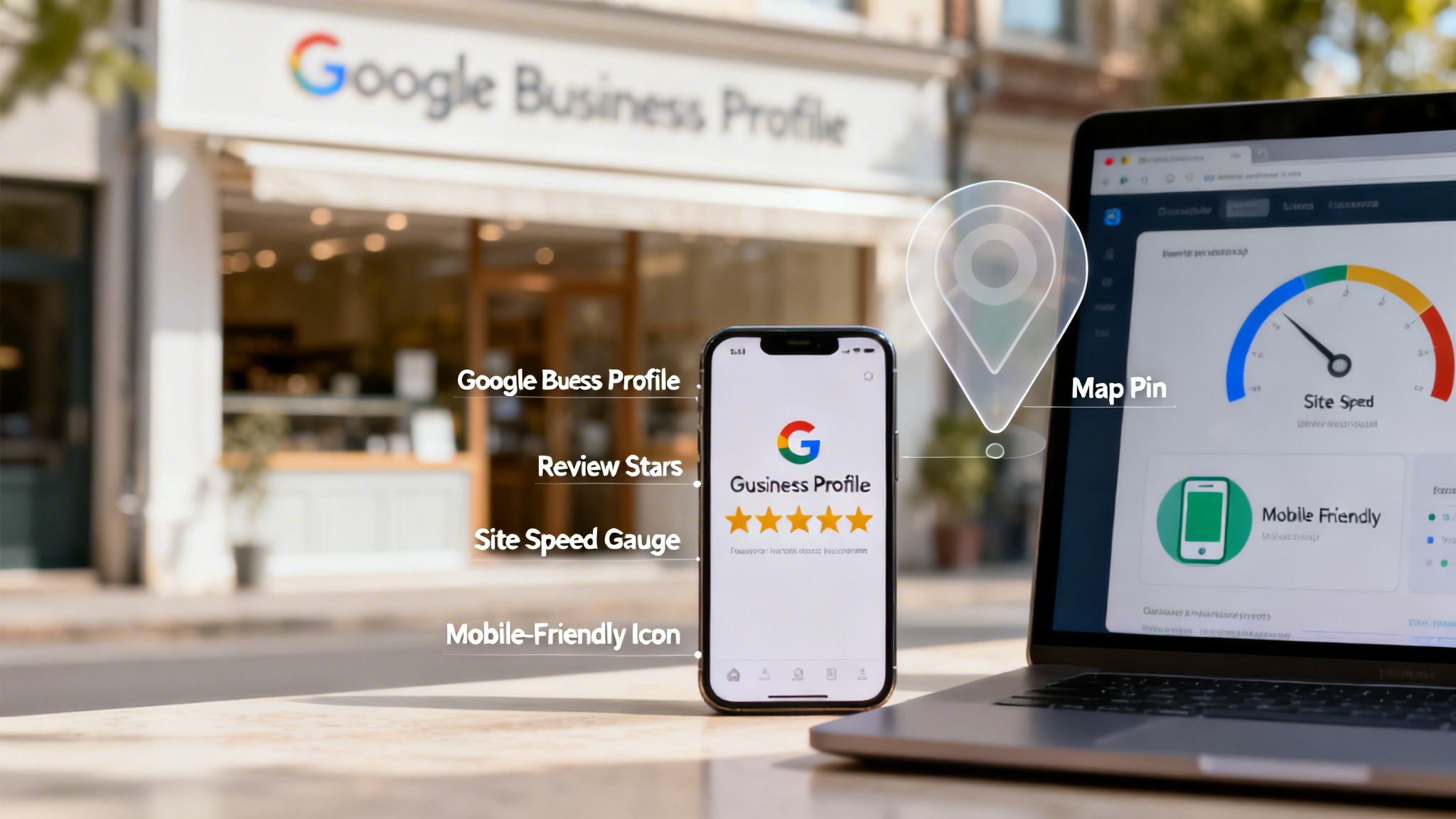 Improve Online Visibility and Dominate Your Market - A smartphone and laptop display Google Business Profile, review stars, site speed, and mobile-friendly metrics against a storefront.
