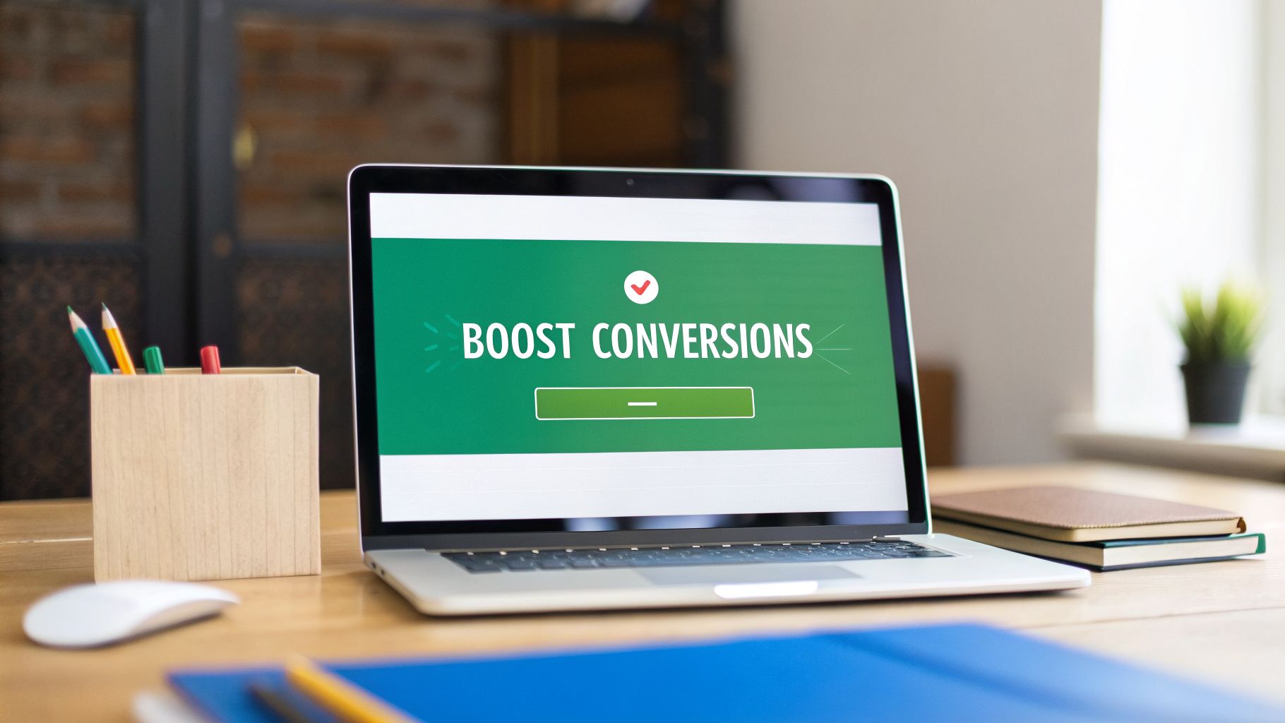 Laptop screen displaying 'BOOST CONVERSIONS' on a green background, surrounded by desk accessories and a mouse.