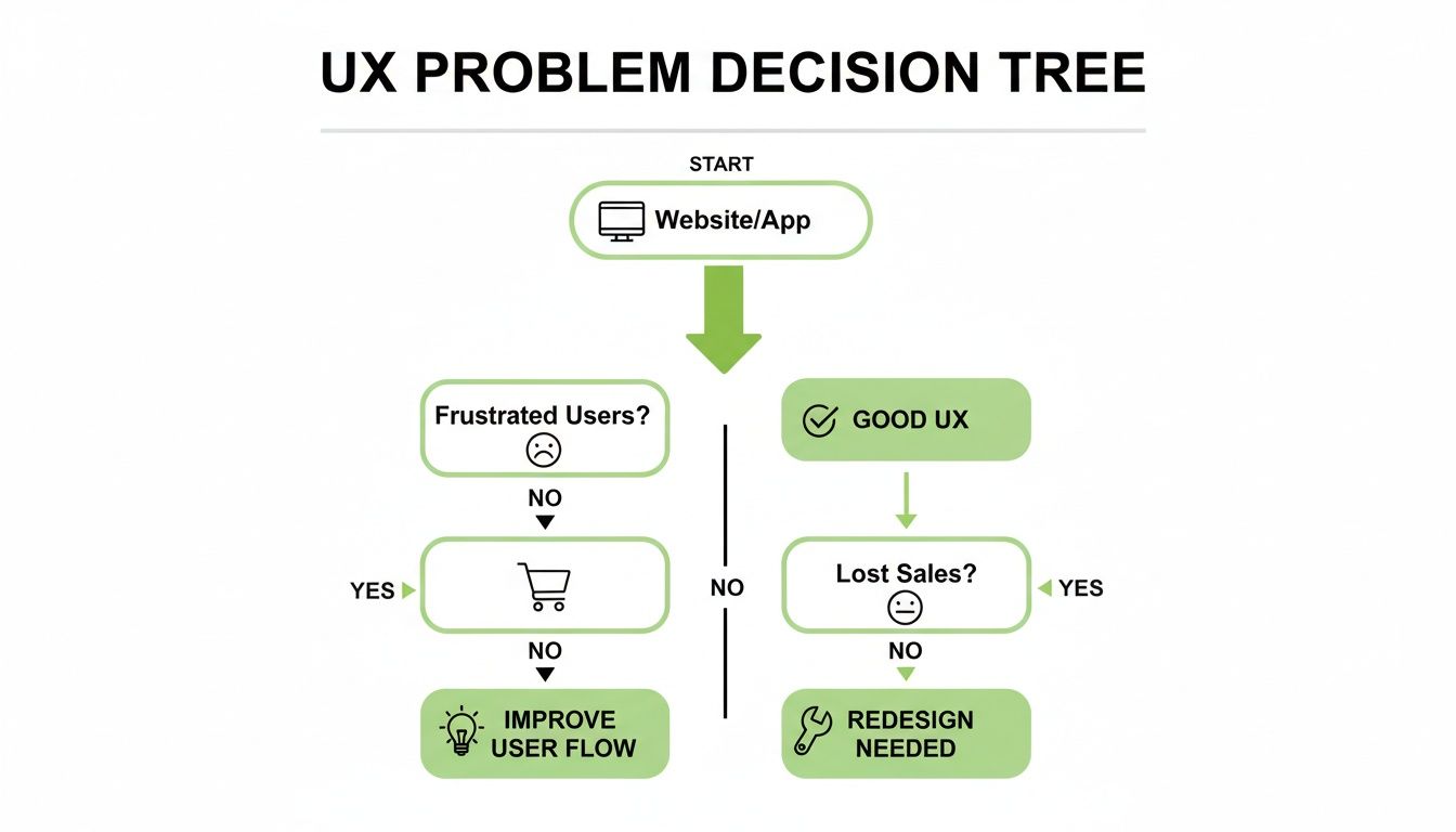 A UX problem decision tree flowchart for websites/apps, outlining paths for frustrated users and lost sales to improve user flow or redesign.