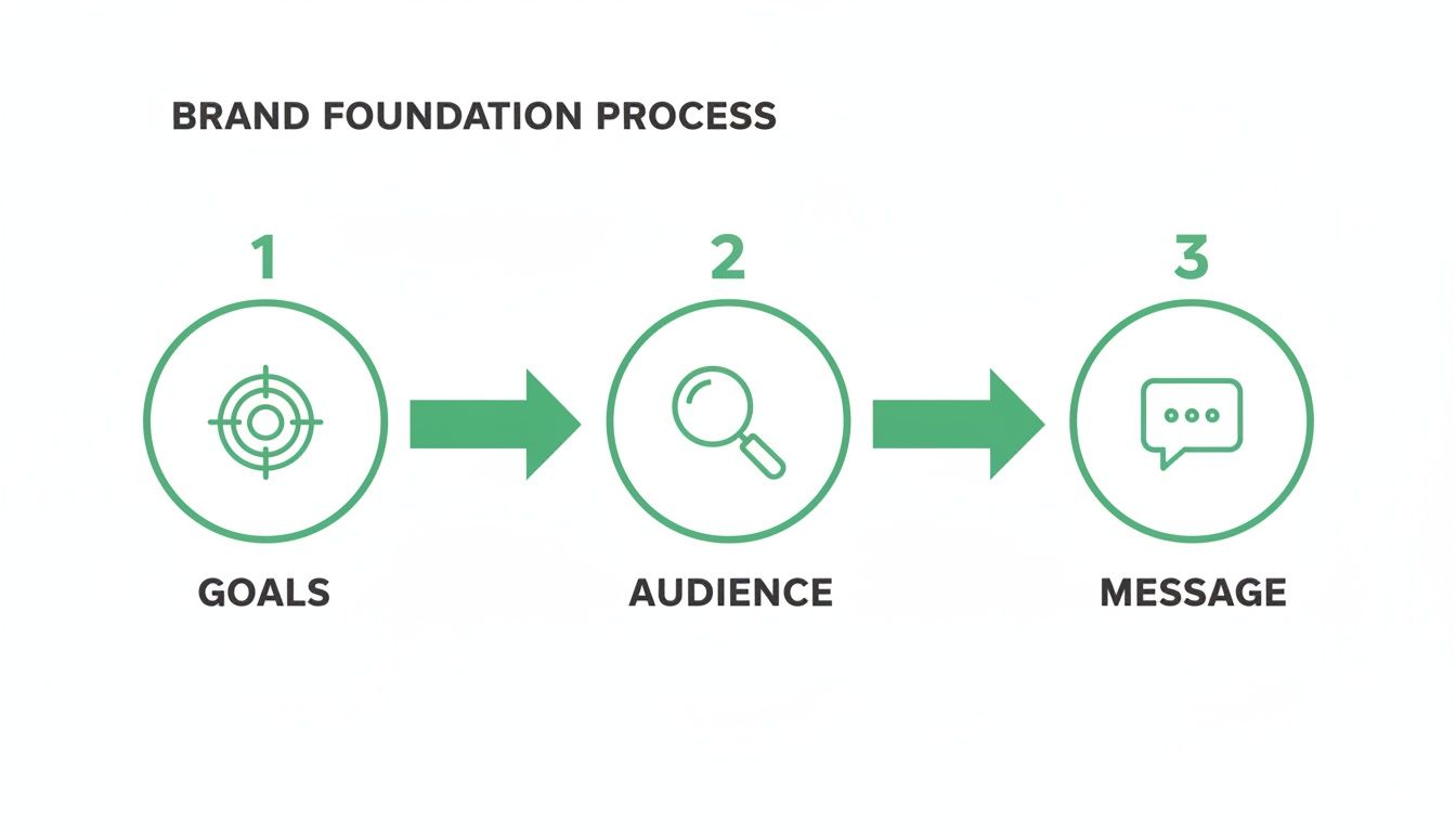 Brand Awareness Strategy: A brand foundation process diagram showing three steps: Goals, Audience, and Message with icons.