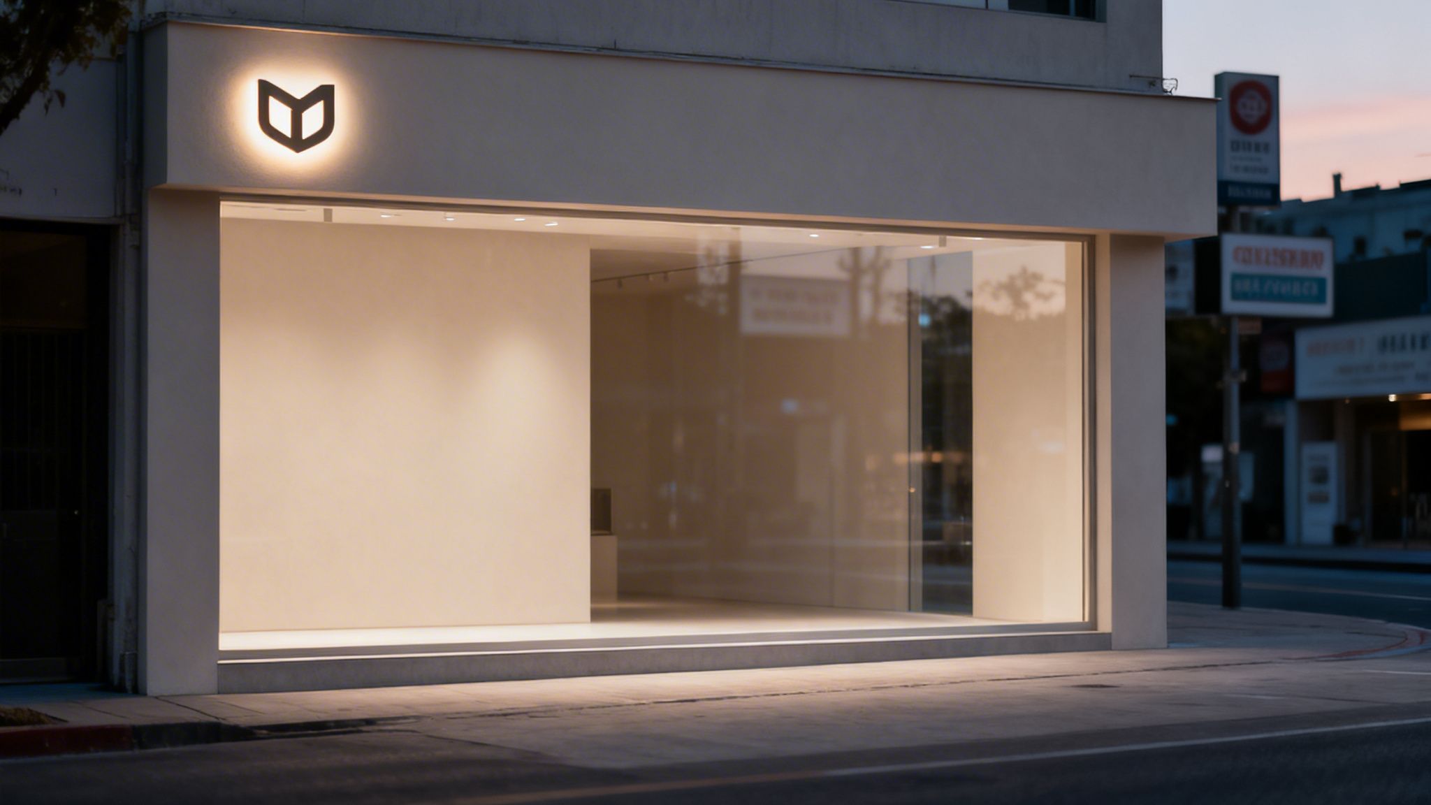 Brand Awareness Strategy: A modern storefront with a glowing, minimalist logo above a large glass display window at dusk.