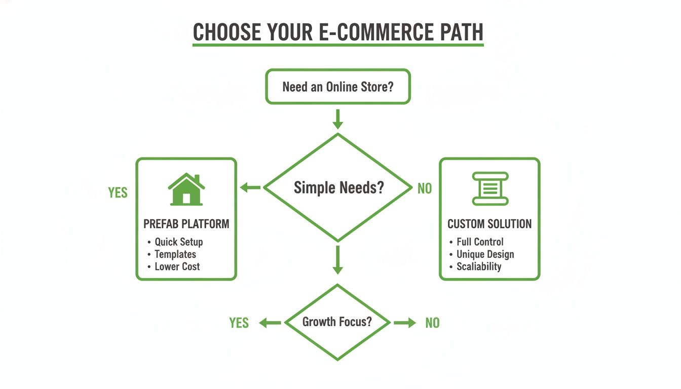 What is magento software? Flowchart guiding the choice between prefab and custom e-commerce solutions based on needs.
