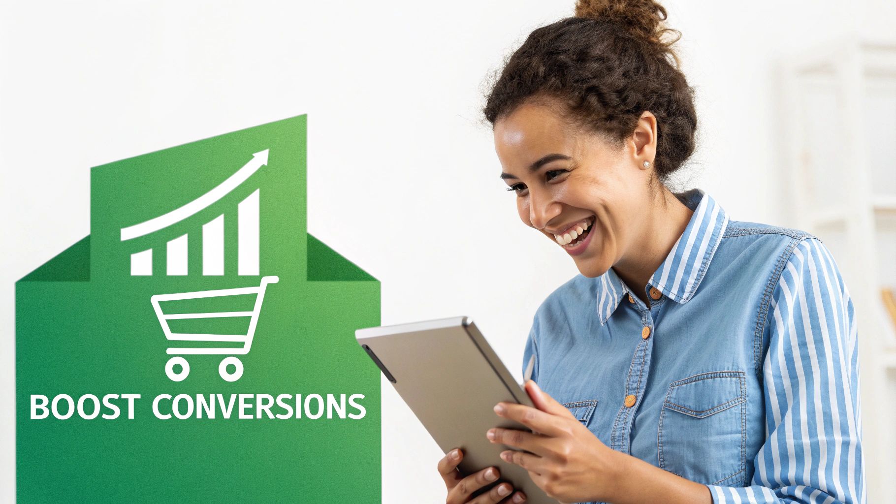 Happy woman viewing tablet, beside graphic illustrating shopping cart and rising sales, boosting conversions.