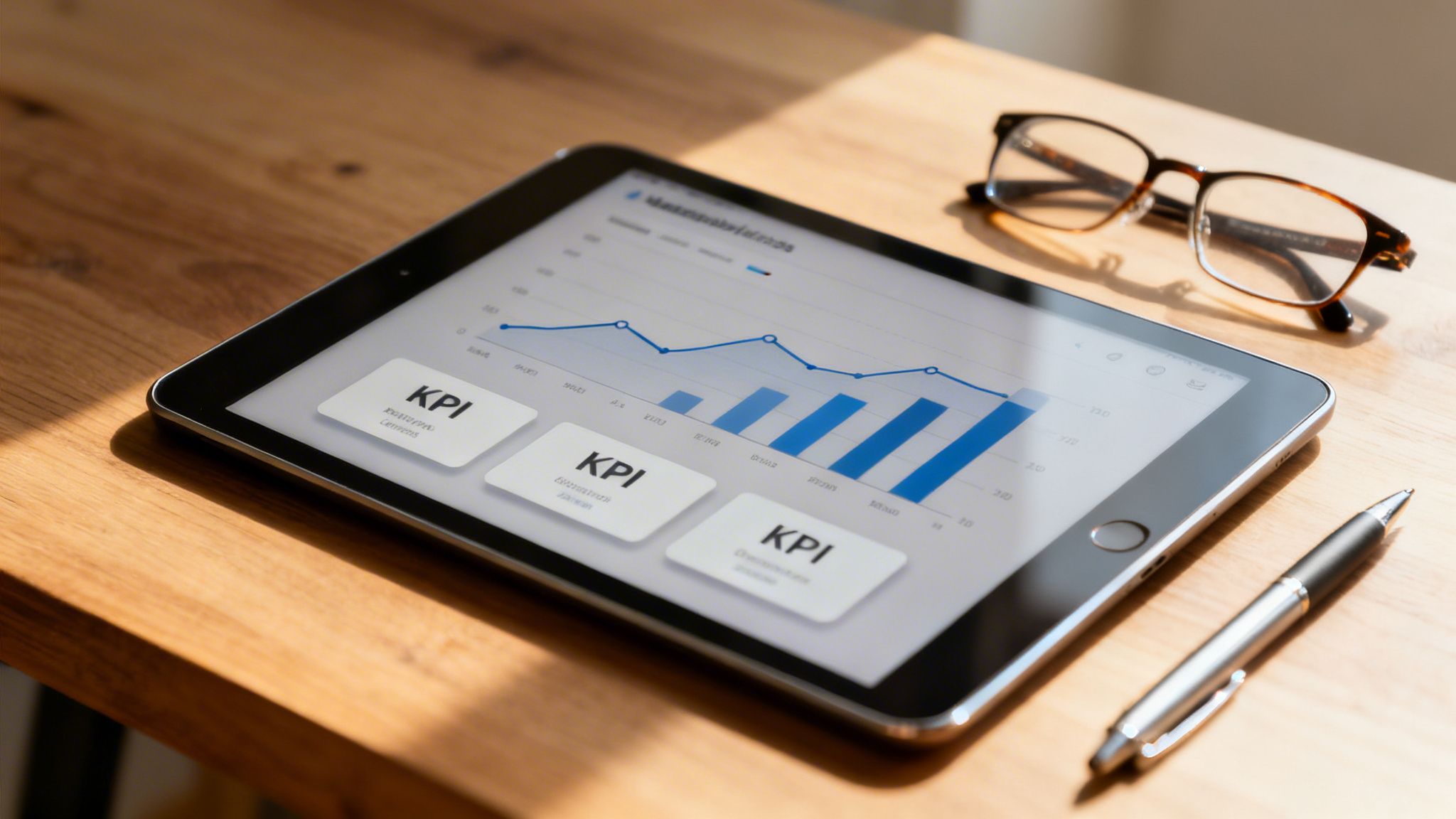 Digital business analytics dashboard on a tablet with KPI cards, glasses, and a pen on a wooden desk.