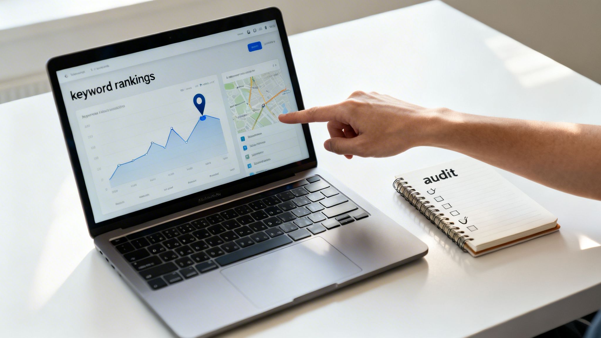 Improve Online Visibility and Dominate Your Market - Hand pointing at a laptop screen showing keyword rankings graph and map, next to an audit notebook.