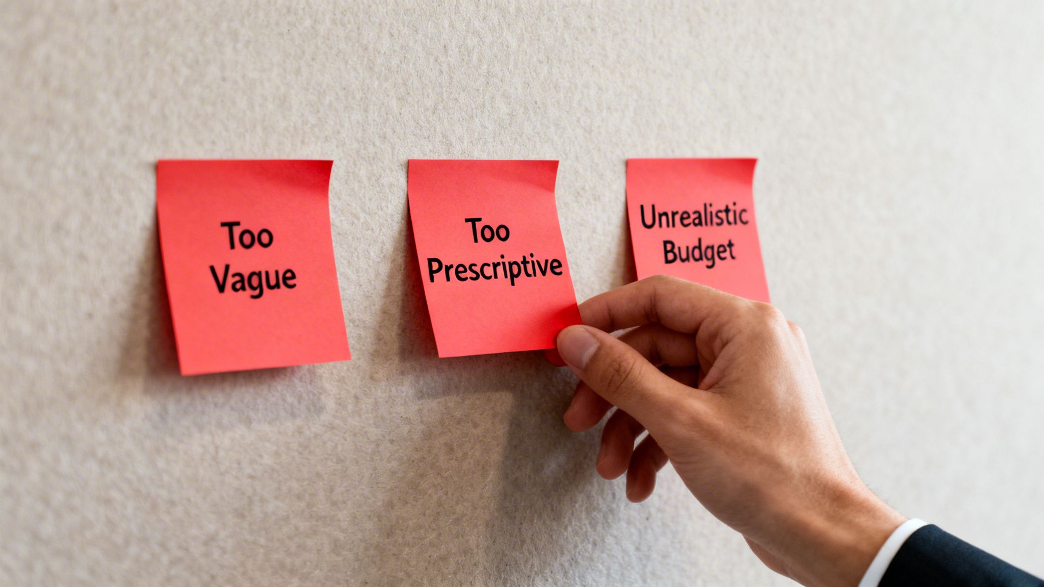 A hand adjusts red sticky notes on a wall listing common proposal issues: 'Too Vague,' 'Too Prescriptive,' and 'Unrealistic Budget.'
