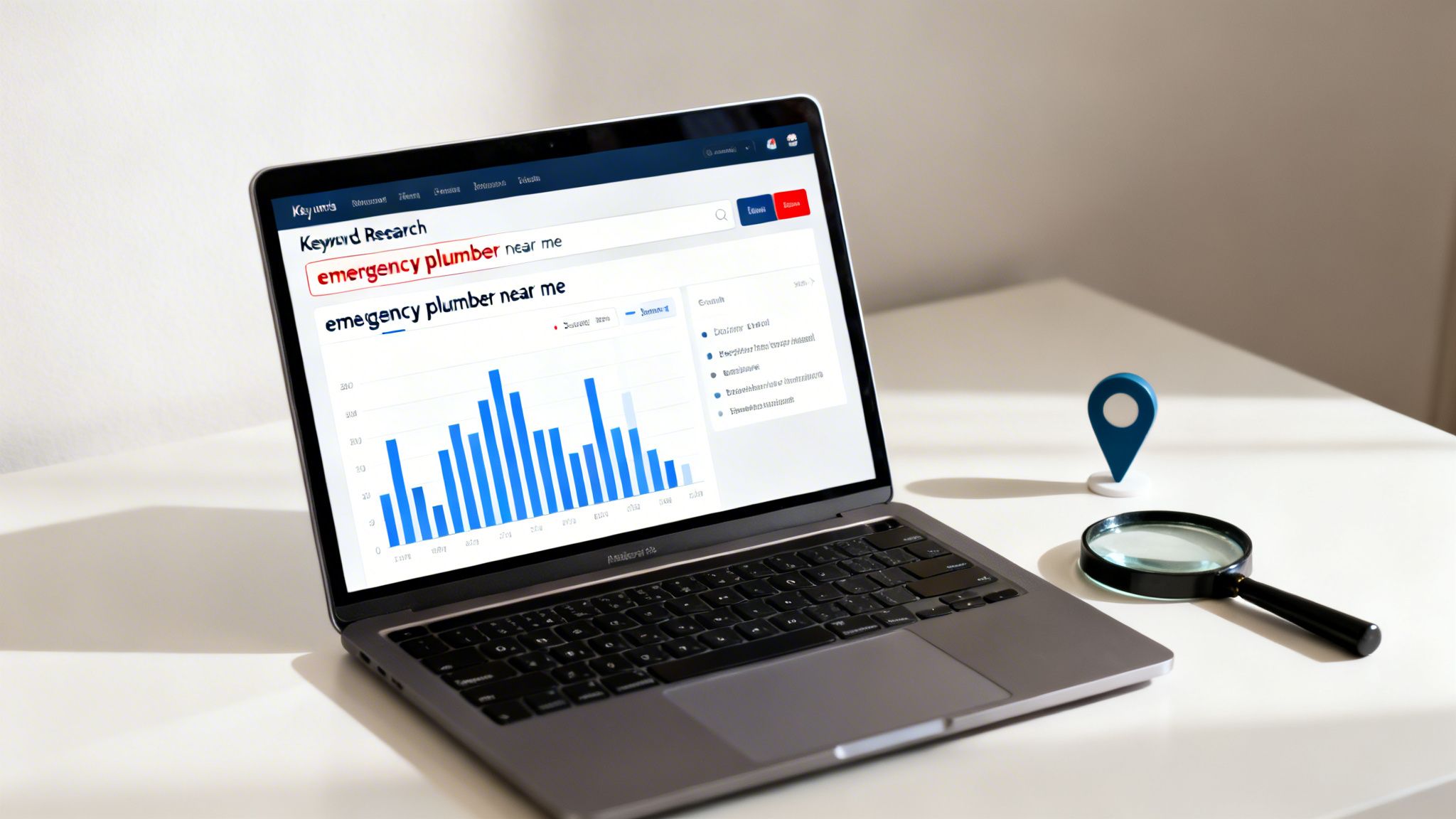 Laptop displaying keyword research for "emergency plumber near me" with a location pin and magnifying glass.