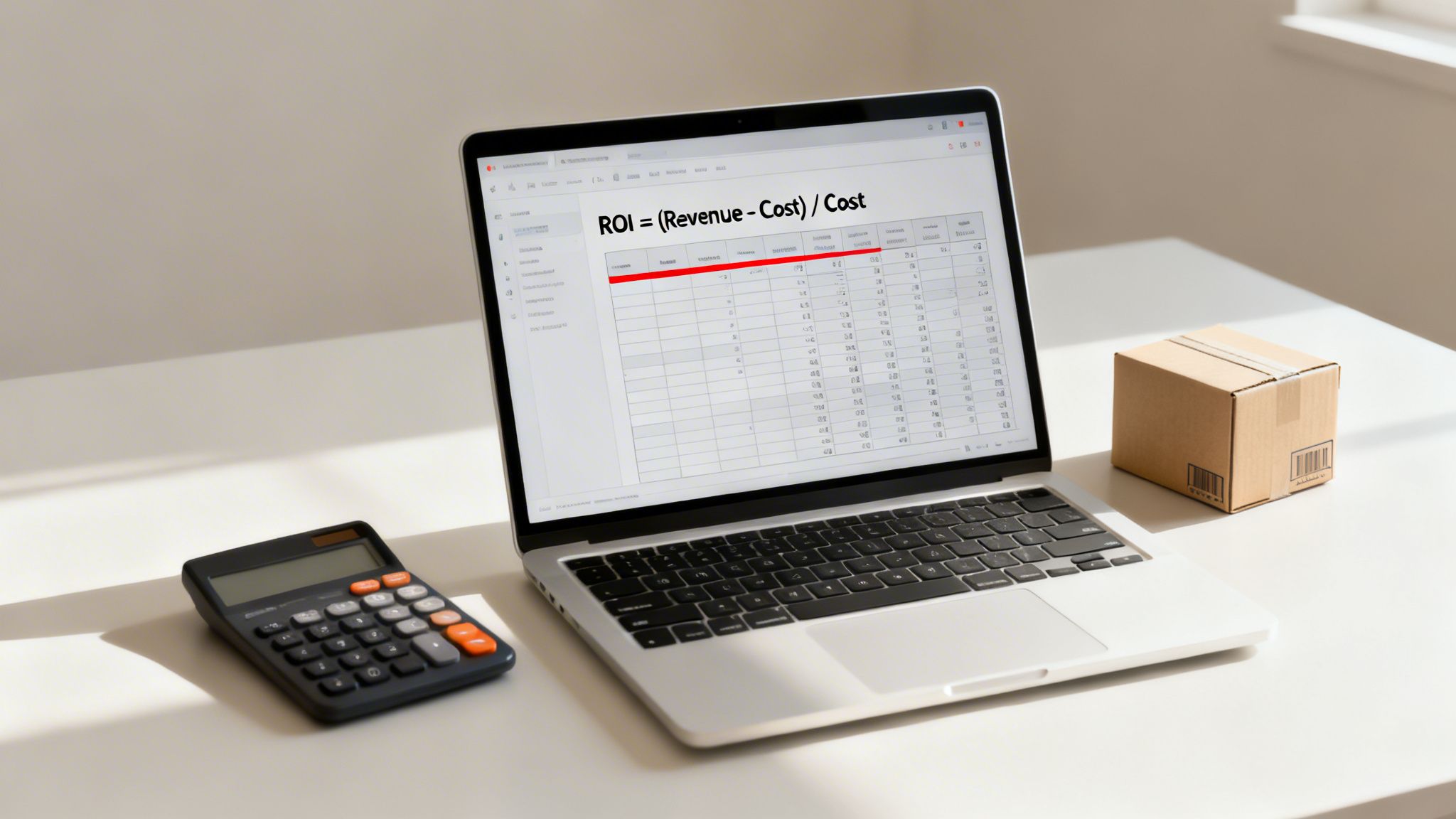 How to Calculate Marketing ROI: A laptop displaying an ROI formula spreadsheet, a calculator, and a small box on a bright white desk.